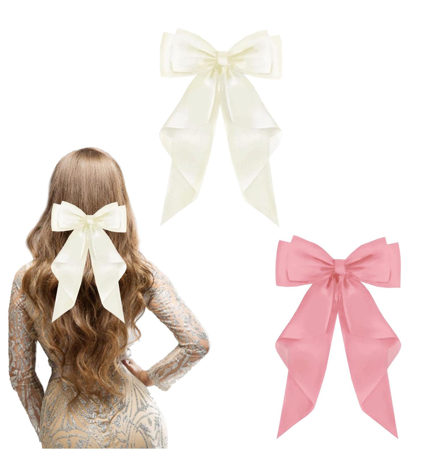 FEXPDL Pack of 2 Hair Bows for Women Pink Bow Hair Clip White Hair Clips for Girls Solid Color Large Bowknot Hairpin Hair Clip Satin Hair Bow Black+PINK - Buy Online on GoSupps.com