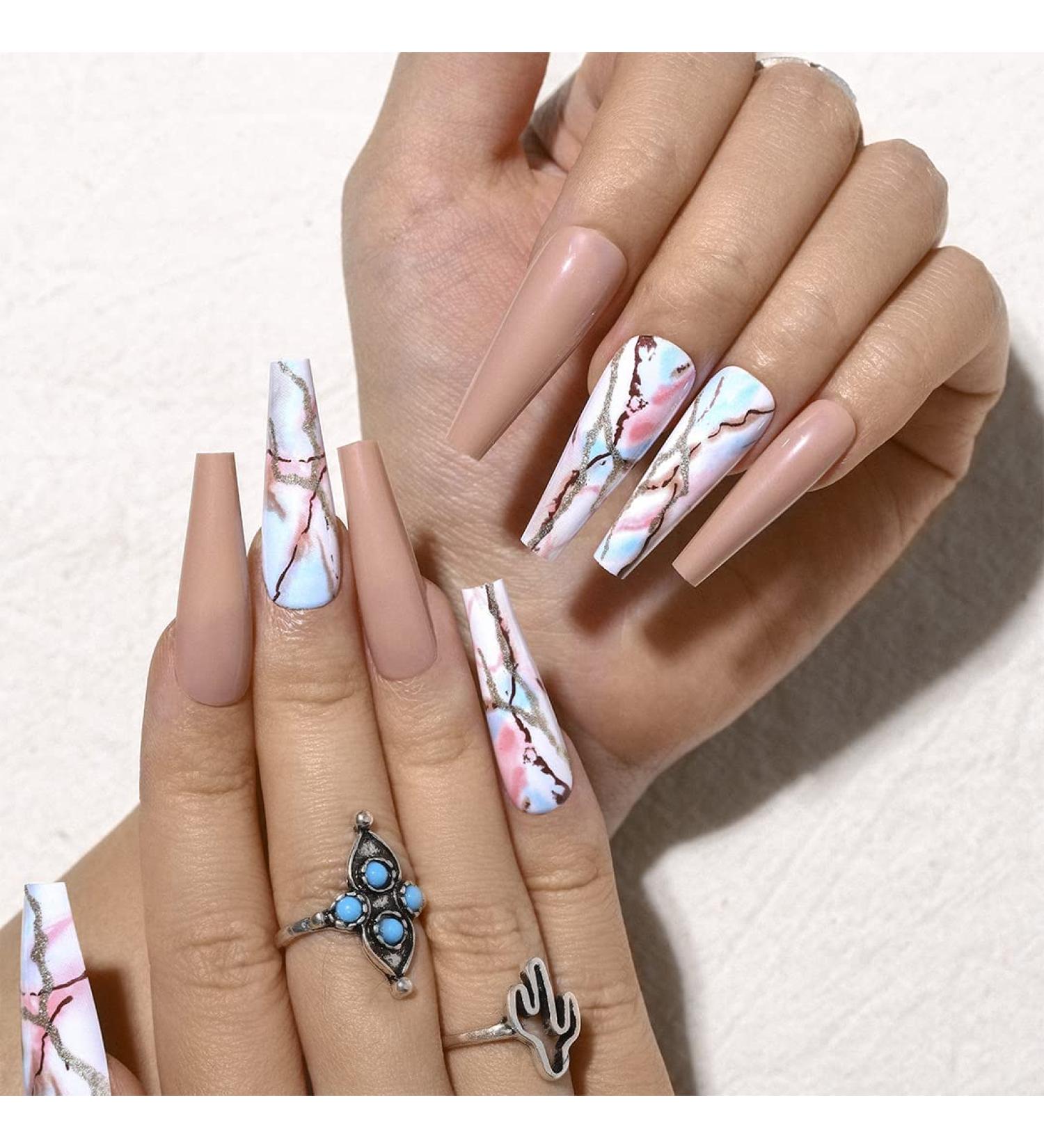 Sethexy Long Pink Ballerina Artificial Nails | 24 Shiny Coffin Press-On Nails with Adhesive for Women - Buy Online on GoSupps.com