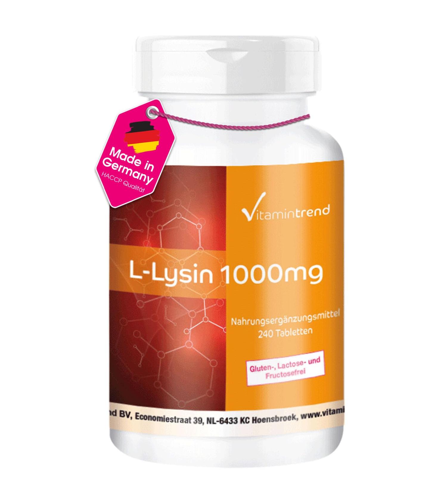 High Dose L-Lysine 1000mg - 240 Vegan Tablets | 8-Month Supply | Vitamintrend - International Shipping Available - Buy Online on GoSupps.com