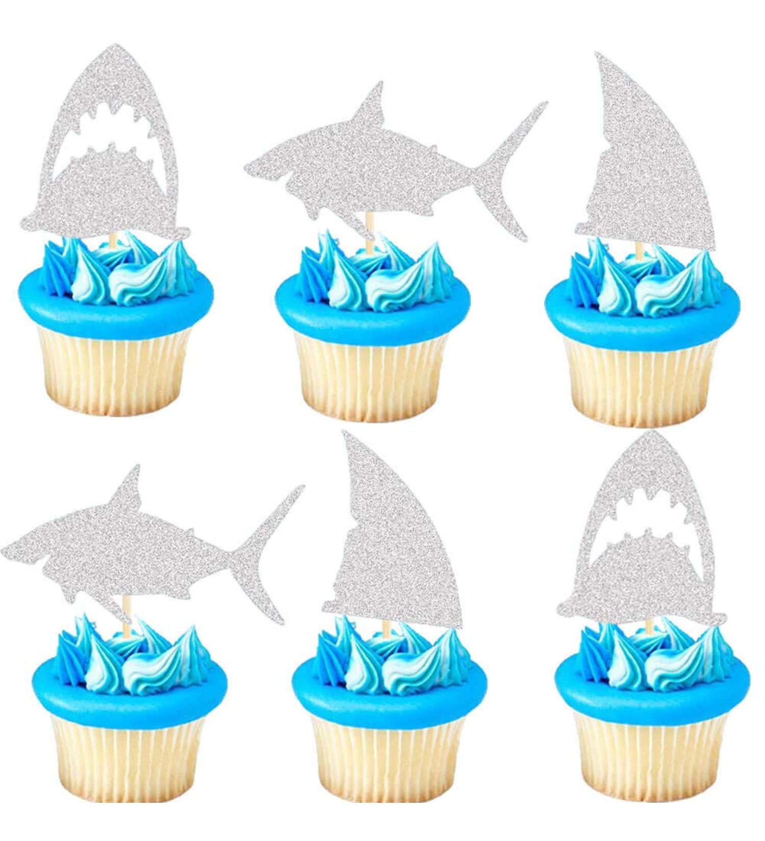 Shark Cupcake Toppers Silver Glitter Shark Fin Cake Toppers Ocean Animals Theme Cake Decor Shark Family Baby Shower Birthday Party Cake Decorations (Set of 24) - Buy Online on GoSupps.com
