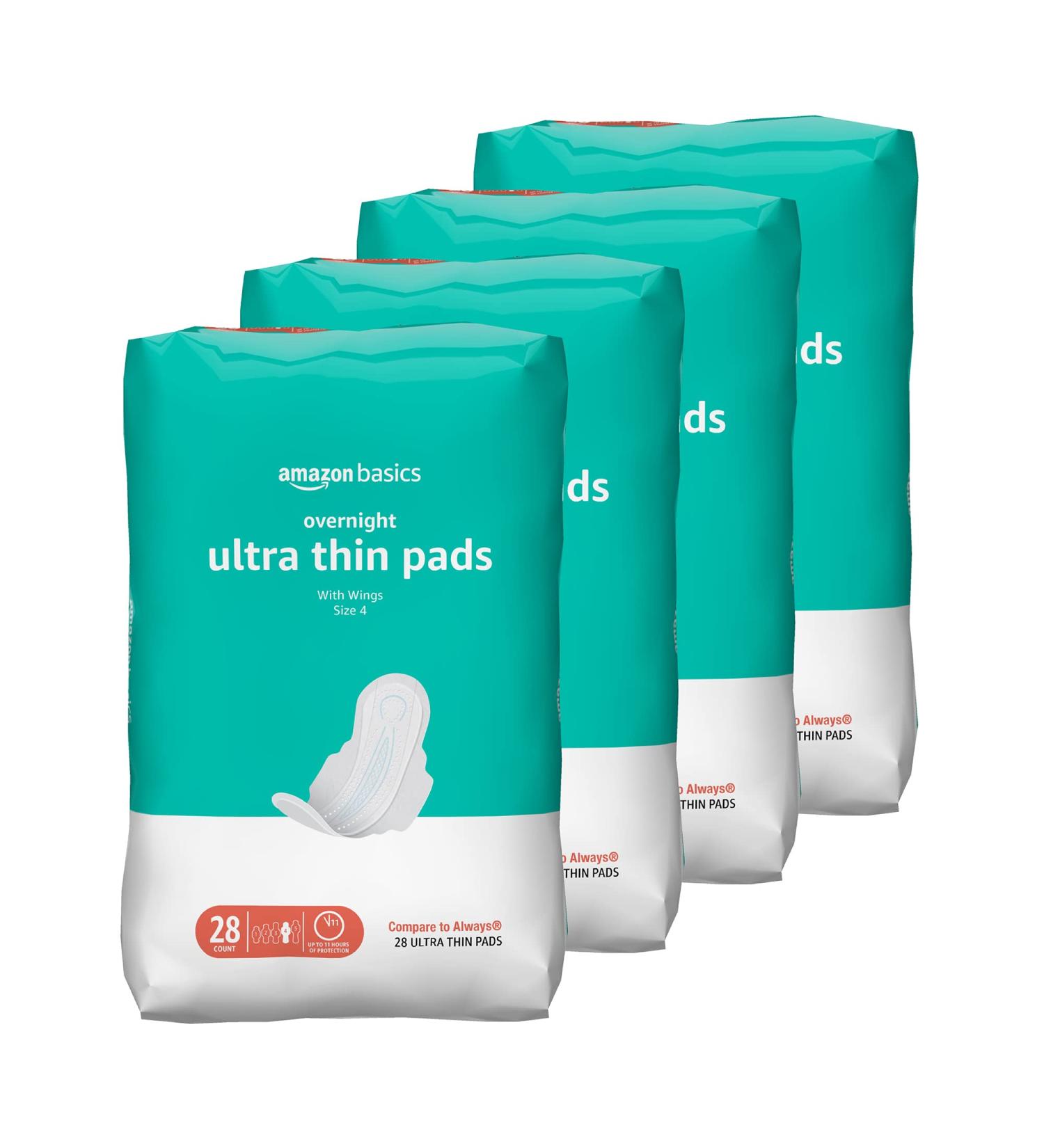 Amazon Basics Ultra Thin Period Pads with Flexi-Wings | Overnight Absorbency, Unscented | Size 4, 112 Count - 4 Packs of 28 | Formerly Solimo - Buy Online on GoSupps.com
