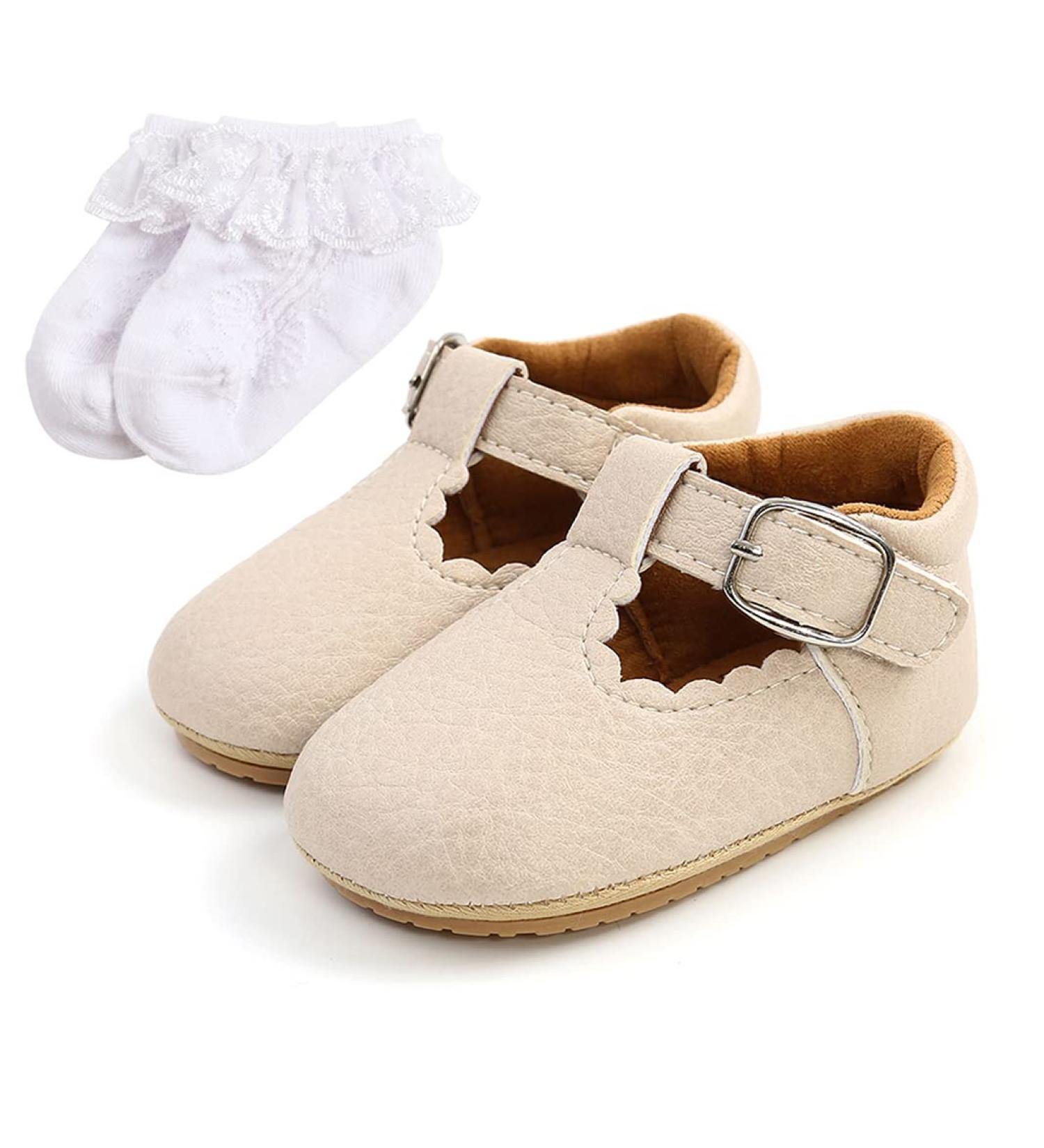 Baby Anti-Slip First Walking Shoes | Soft Sole Toddler Sneakers for Boys and Girls | Infant PU Leather Prewalkers - 0-18 Months | Includes Socks | Narrow Beige - 0-6 Months - Buy Online on GoSupps.com