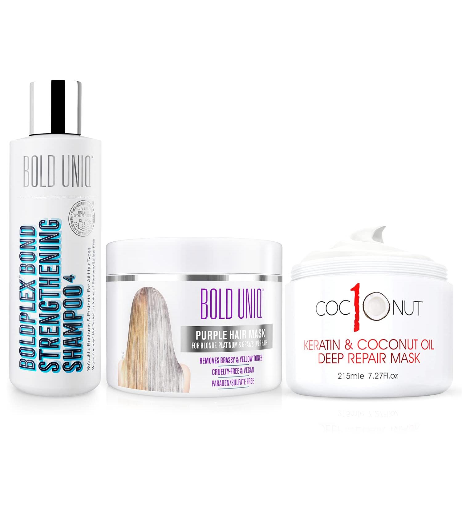 Purple Hair Mask & Coconut Hair Mask Bundle for Blonde, Platinum, Bleached, Silver, Gray, Ash & Brassy Hair - BoldPlex 4 Shampoo - Paraben & Sulfate Free - Cruelty-Free & Vegan - Buy Online on GoSupps.com