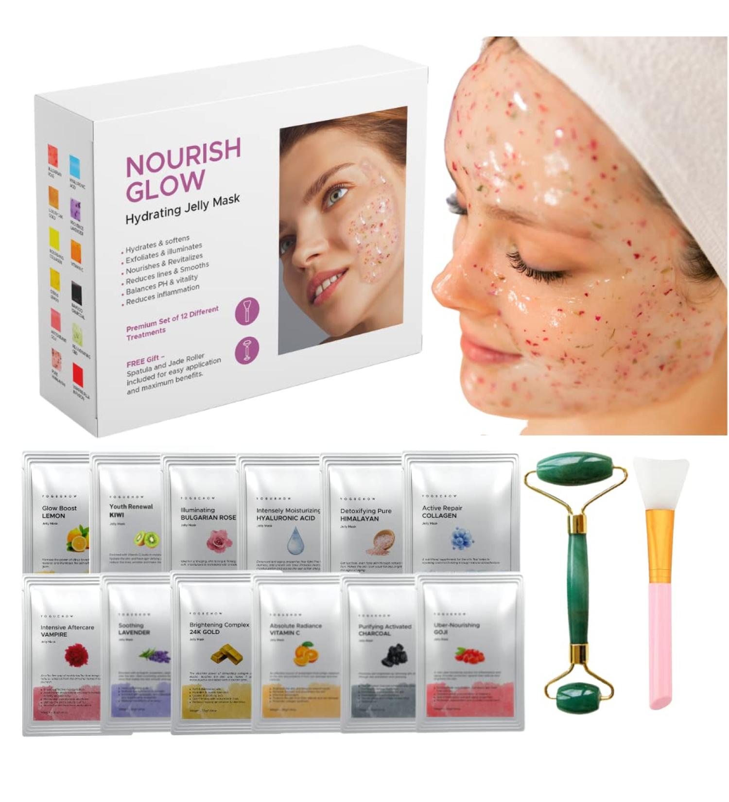 Hydrating & Brightening Jelly Face Mask Set - 12 Flavors with Free Jade Roller & Spatula - Bulgarian Rose, Lavender, Hyaluronic Acid, 24K Gold - Collagen, Vitamin C, Goji & Lemon - Facial Mask for Glowing Skin - Buy Online on GoSupps.com