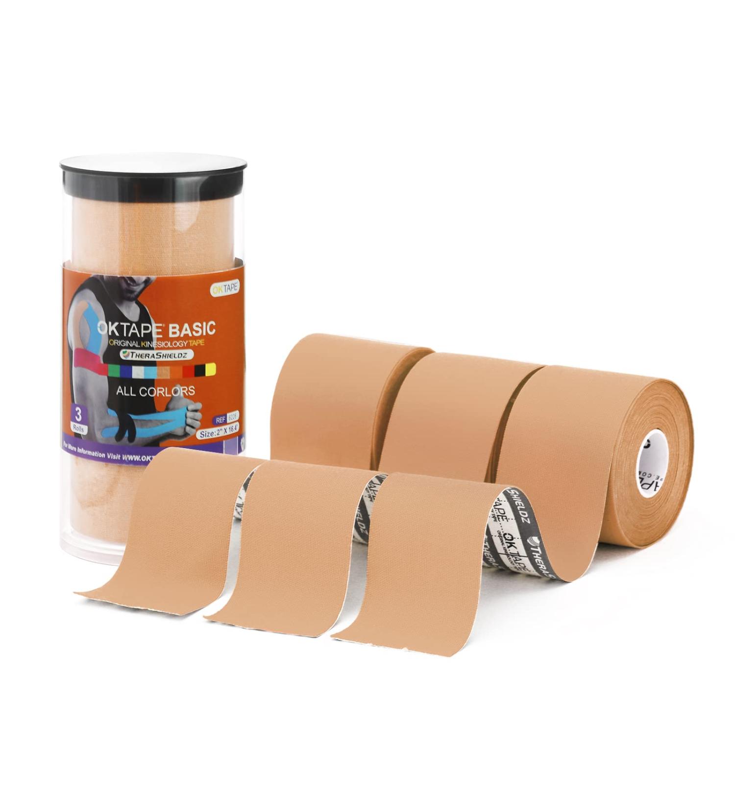 OK TAPE Basic Kinesiology Tape (3 Pack) - Cotton Athletic Tape for Muscle Support - Waterproof & Latex Free - Pain Relief & Joint Support - 3 Rolls Beige - Buy Online on GoSupps.com