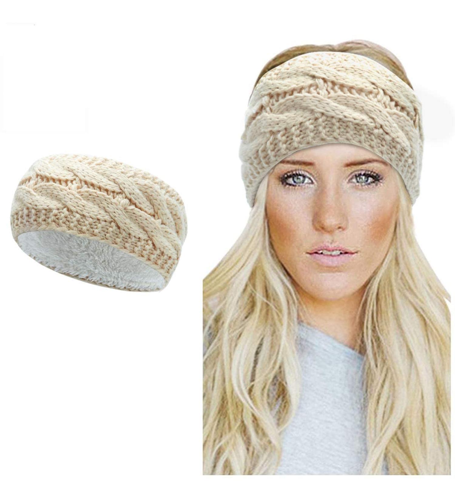 Winter Knitted Headband - Beige Braided Ear Warmer for Women | Fleece Lined Sports Yoga Hairband | Elastic Wide Headbands UK - Buy Online on GoSupps.com