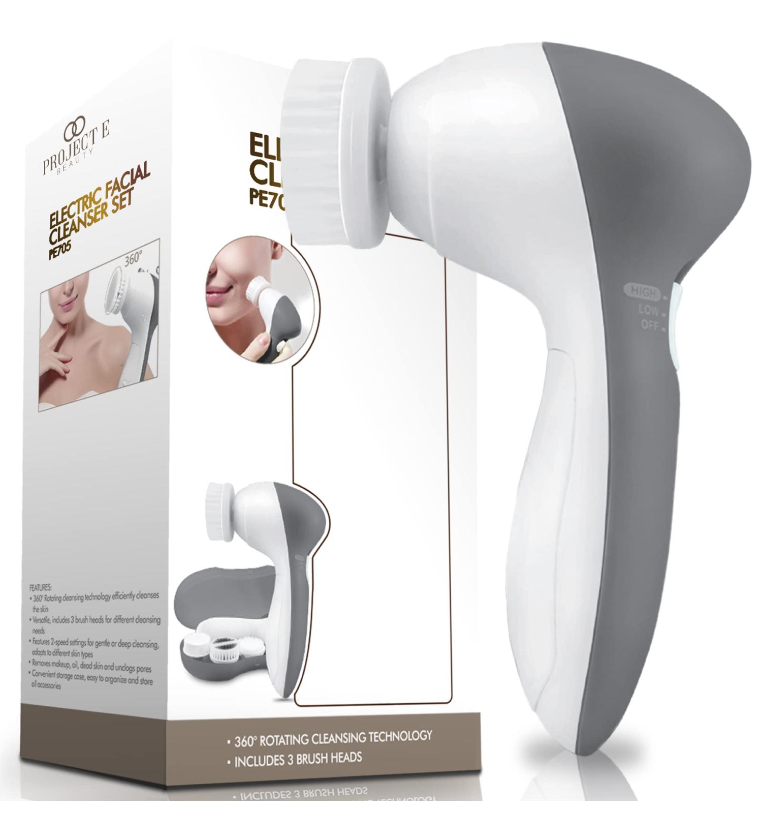 Project E Beauty Portable Electric Facial Brush - 360 Rotating Face Cleanser with 3 Exfoliating Brush Heads for Men & Women | International Shipping Available - Buy Online on GoSupps.com