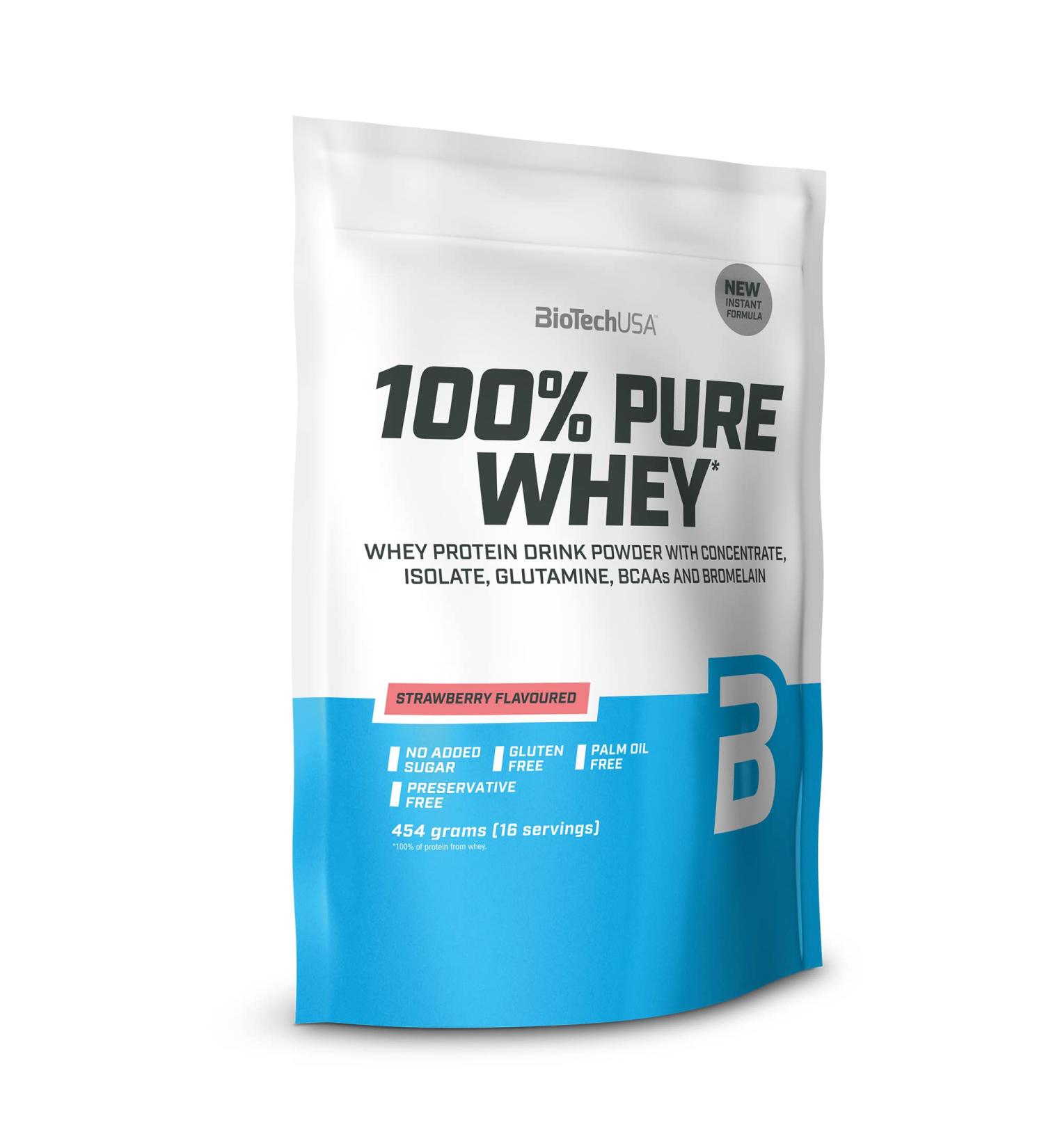 BiotechUSA 100% Pure Whey Protein Powder - 21g Protein BCAA & Glutamine Gluten-Free Palm Oil-Free - Strawberry Flavor 454g - Buy Online on GoSupps.com
