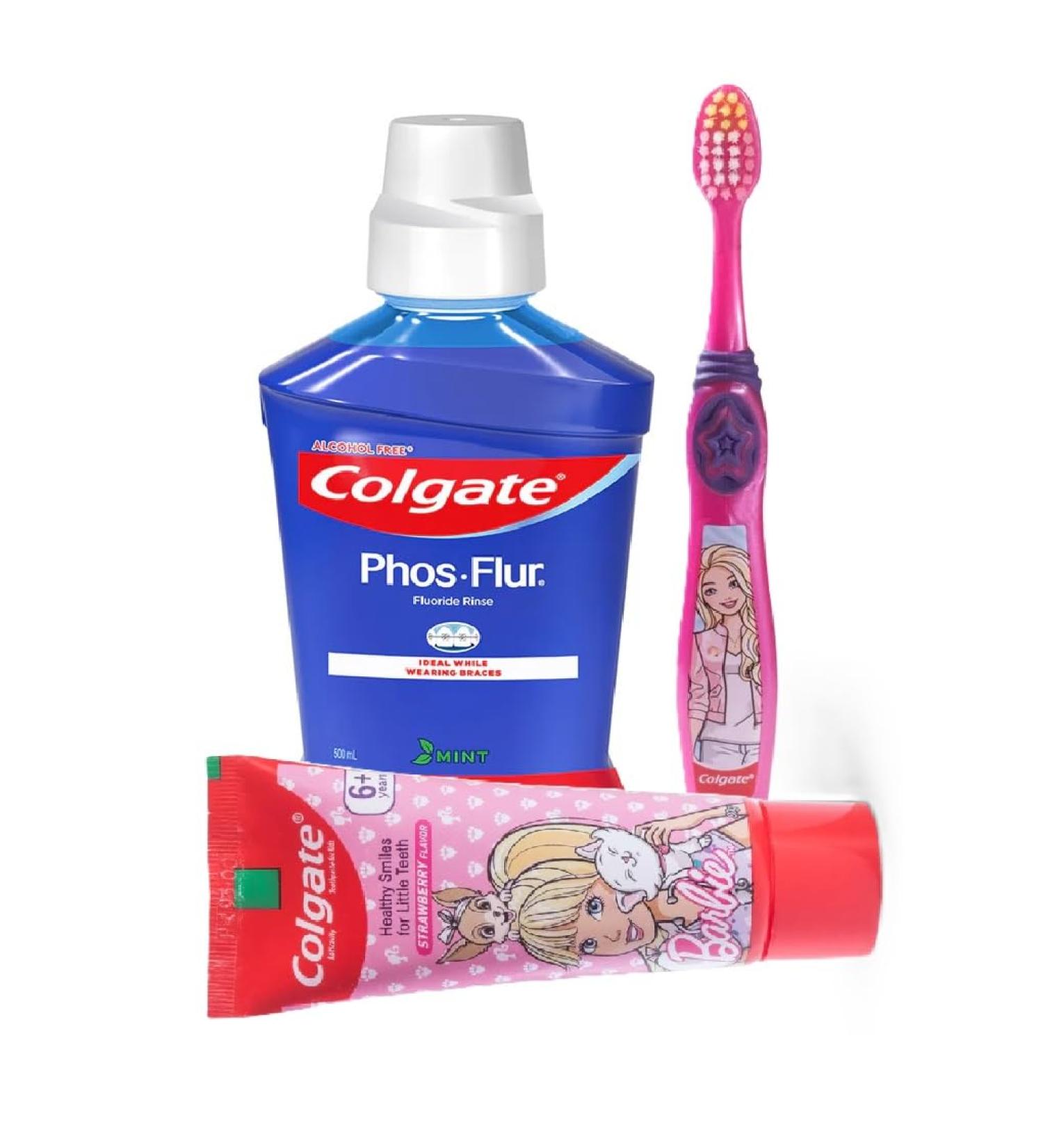 Colgate Kids Barbie Toothpaste & PhosFlur Mouthwash Set - Strawberry & Mint Extra Soft Toothbrush for Children 6+ | Complete Dental Care - Buy Online on GoSupps.com