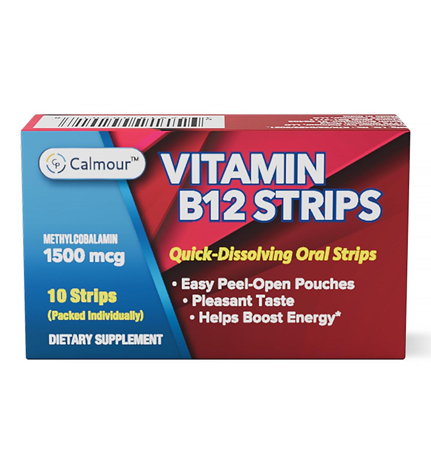 Calmour Vitamin B12 Strips 1500 mcg - Mint Flavored, Dissolve Under Tongue - Vegan & Gluten Free - 10 Pack - Buy Online on GoSupps.com