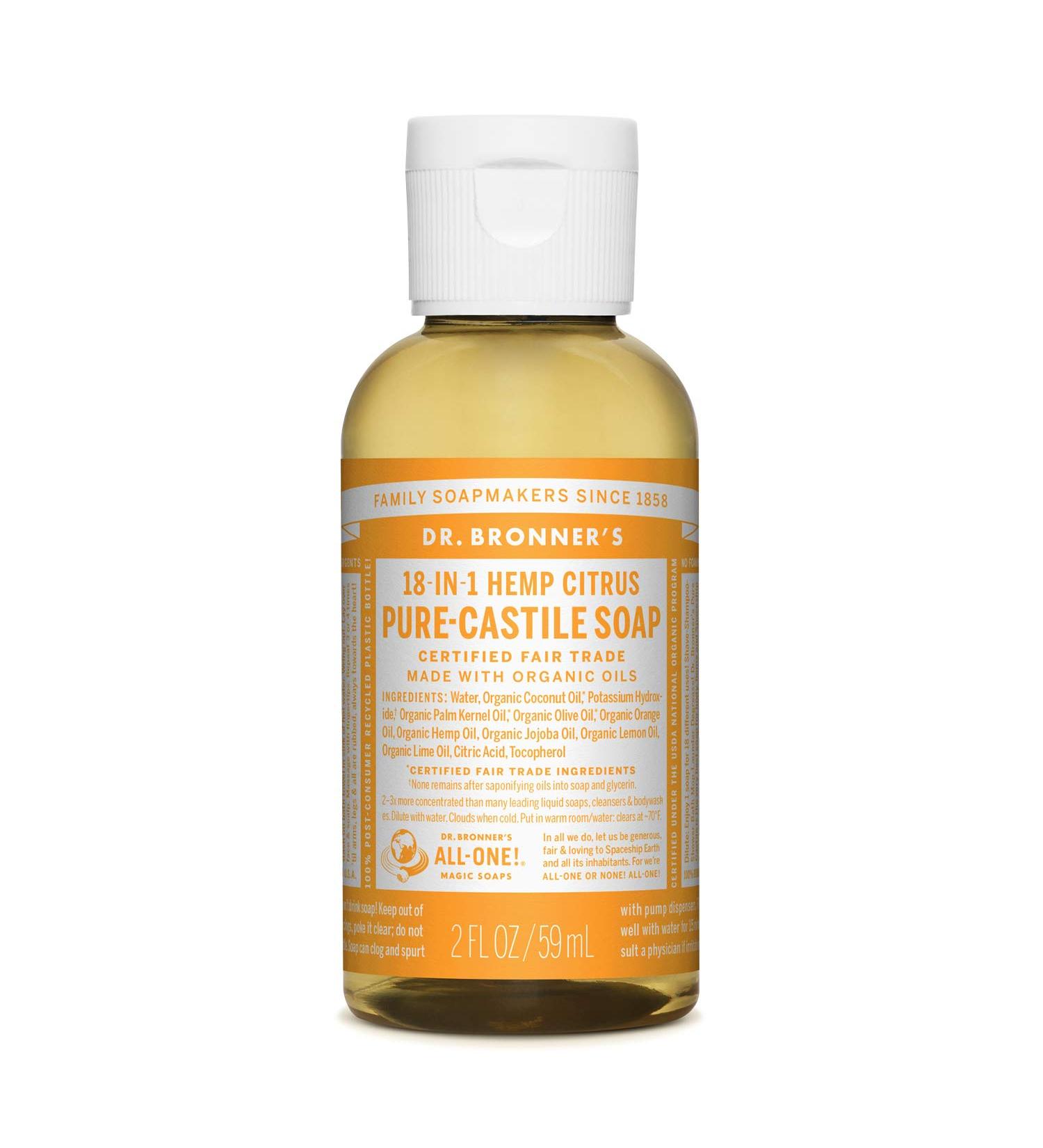 Dr. Bronner's Citrus Pure-Castile Liquid Soap 2oz - Organic Oils, 18-in-1 Uses for Face, Body, Hair, Laundry, Pets & Dishes - Vegan & Non-GMO - Buy Online on GoSupps.com