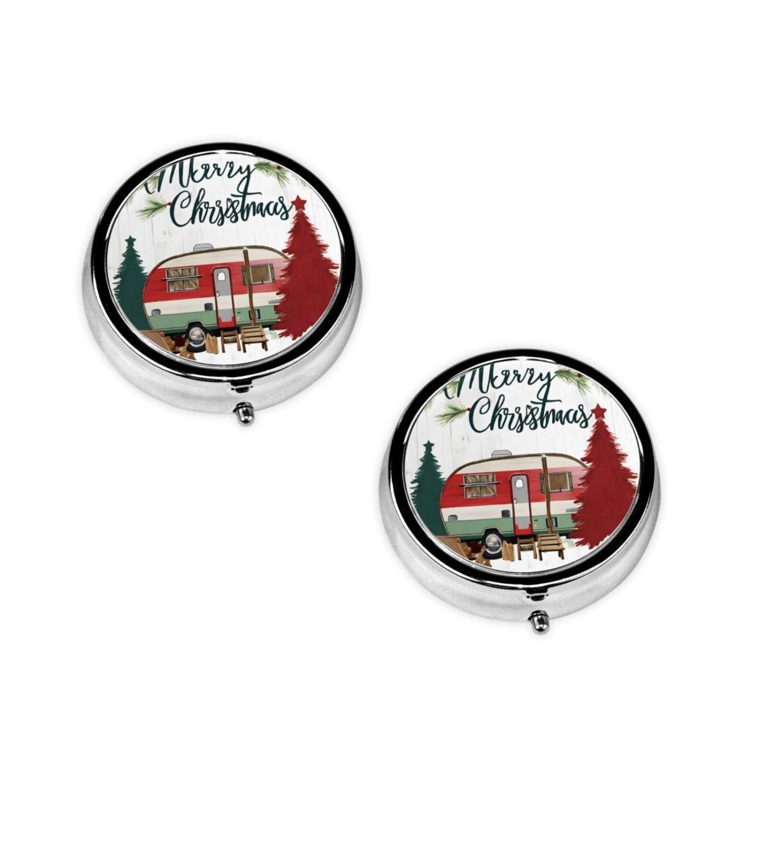 Farmhouse Christmas Round Pill Box | 3 Compartment Mini Travel Organizer for Vitamins & Medications - Buy Online on GoSupps.com