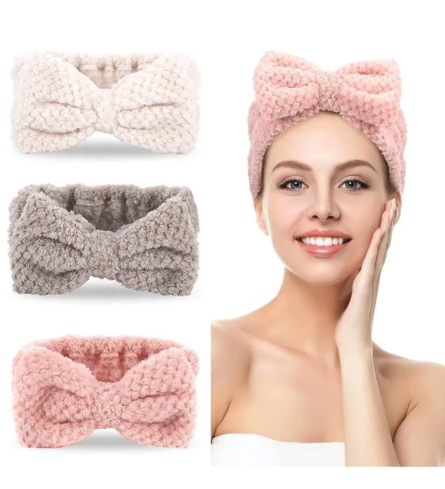 3 Pack Spa Headband for Women - Face Washing Makeup Hair Holder - Bowtie Beauty Band in White Pink Gray - Buy Online on GoSupps.com