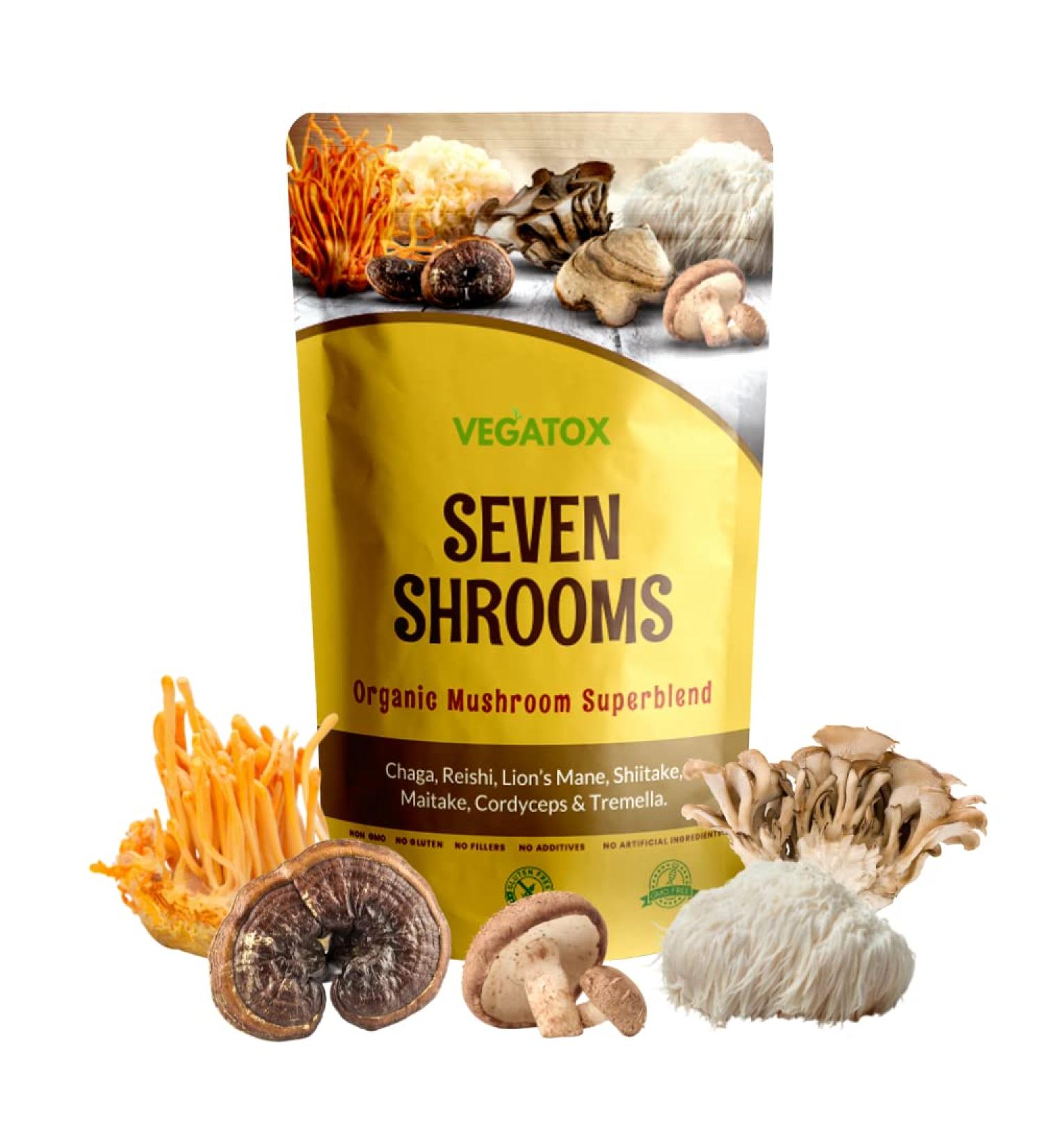 Organic Seven Mushroom Powder Blend with Chaga, Reishi, Lion's Mane & Cordyceps - 100g | Vegatox - Buy Online on GoSupps.com