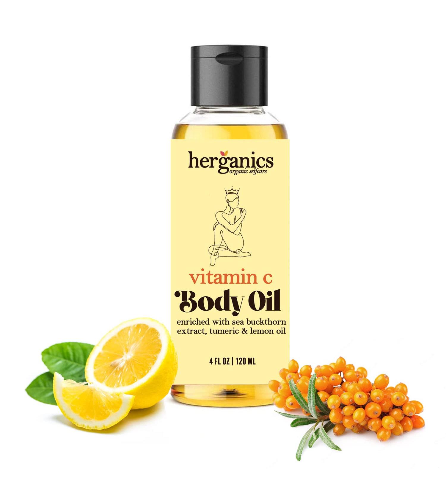 Herganics Vitamin C Oil: Brightening Serum for Face & Body with Gua Sha for Lymphatic Drainage - Buy Online on GoSupps.com