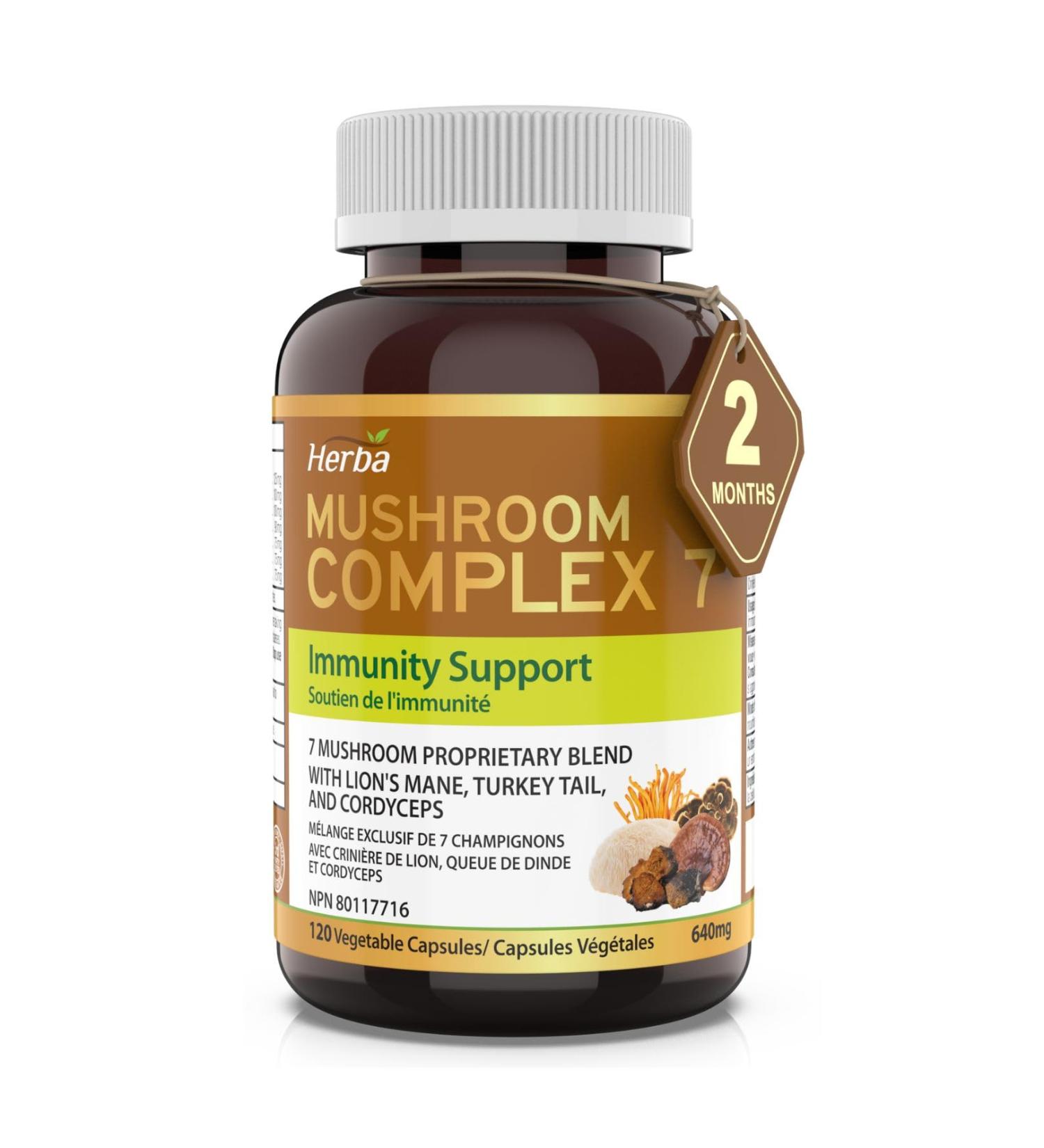Herba Mushroom Complex with Lions Mane Supplement 7 Mushroom Blend with Reishi Chaga Cordyceps Turkey Tail Maitake Shiitake and Lion s Mane | Immune Support Supplement | 120 Vegetable Capsules | Made in Canada - Buy Online on GoSupps.com