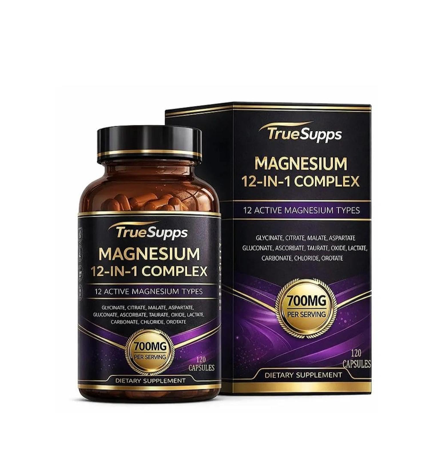 TrueSupps 12-in-1 Complex Magnesium Capsules 700 mg Magnesium per Capsule 120 Capsules Help Relax Muscles and Support Heart Health.