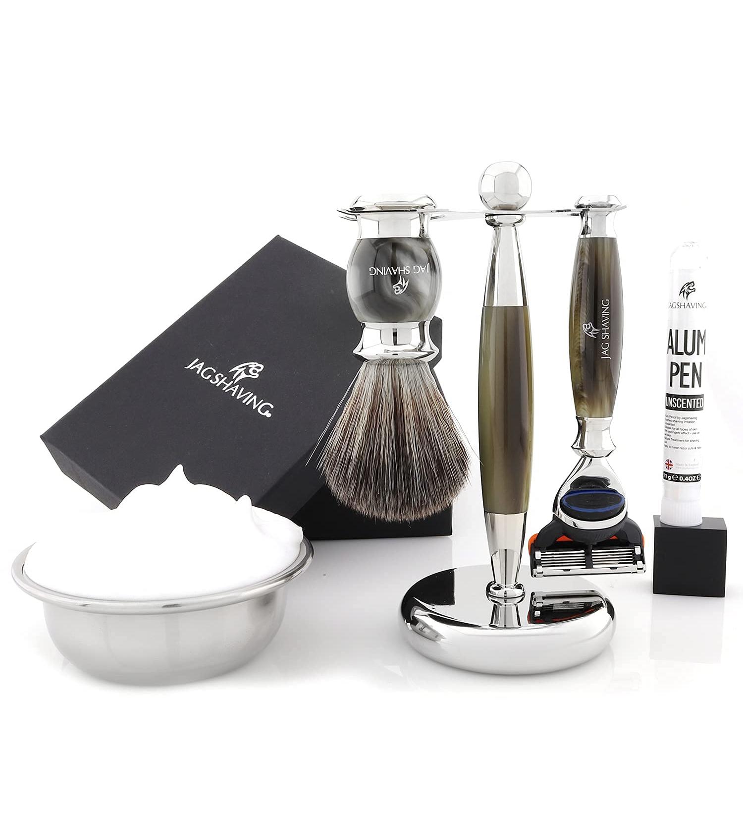 Jag Shaving Jags Lee Razor Set 3-Part Razor with 5 Blades Synthetic SilverTip Brush & Elegant Stand Premium Shaving Experience - Buy Online on GoSupps.com