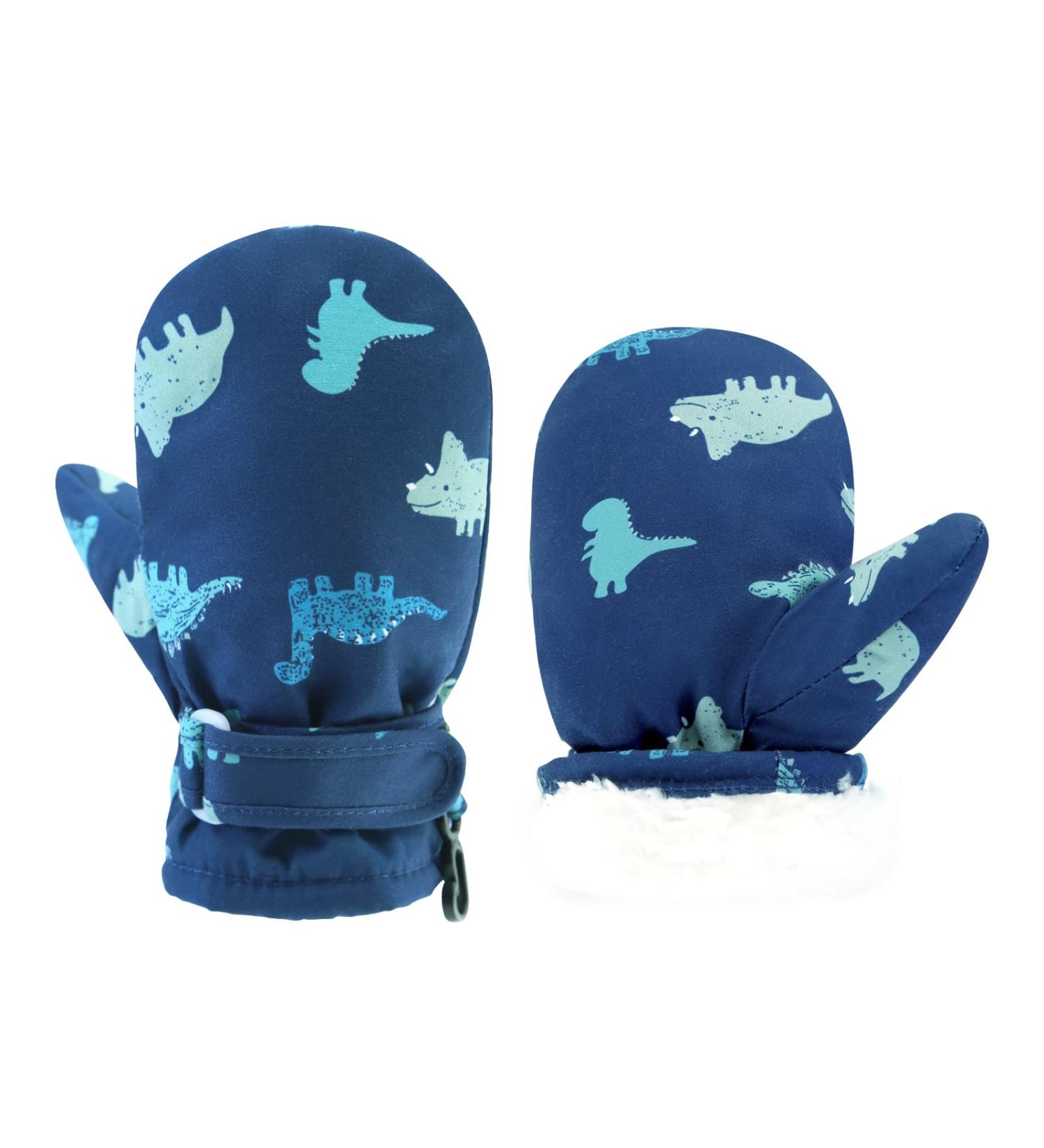 Blue Dinosaur Toddler Waterproof Mittens | Fleece Lined Baby Boys Girls Winter Gloves | Kids Snow Ski Mittens for 3M-5T | 3-12M Size (No Thumb) - Buy Online on GoSupps.com