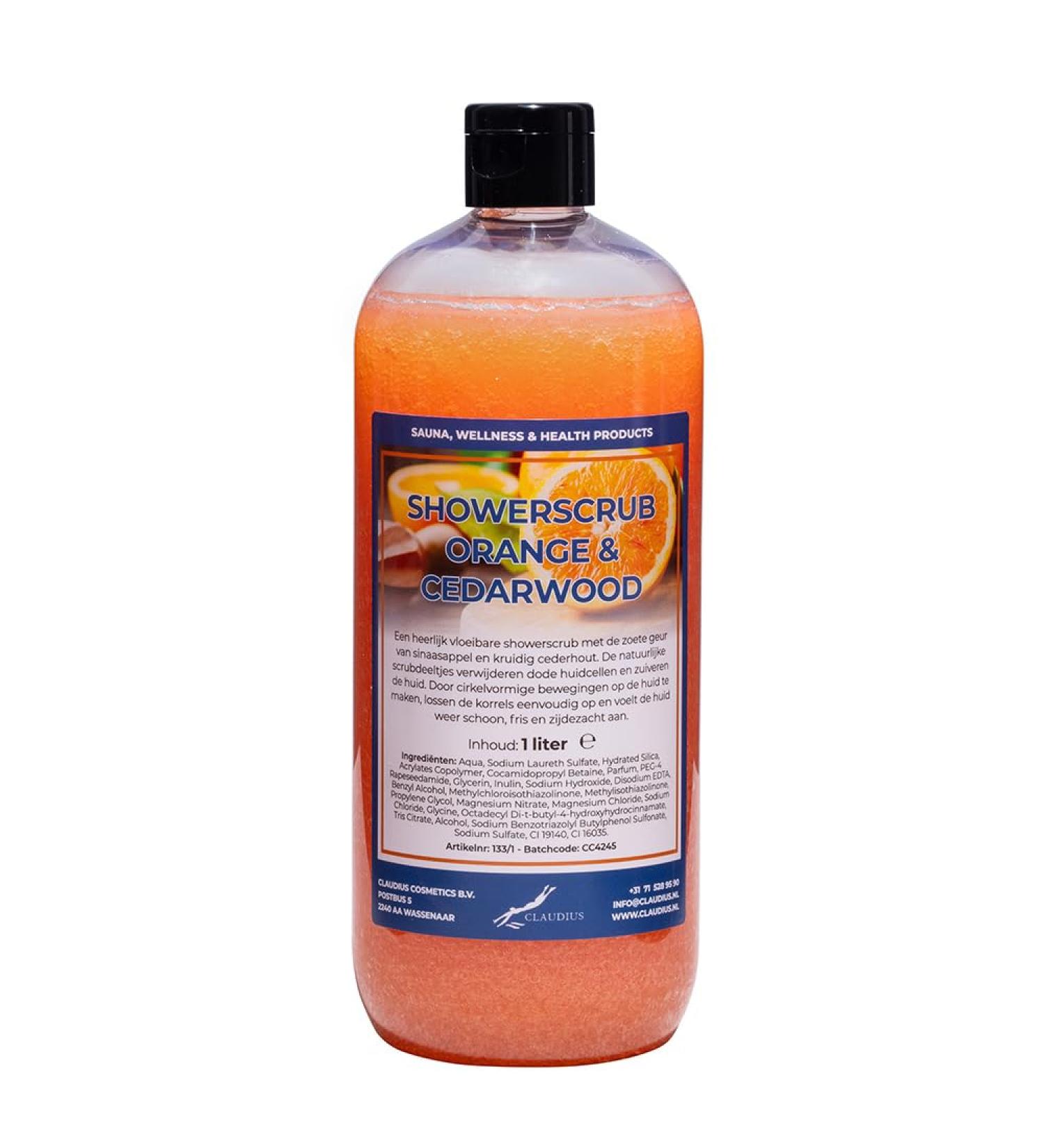 Claudius Showerscrub Orange & Cedarwood 1 liter Transparant
