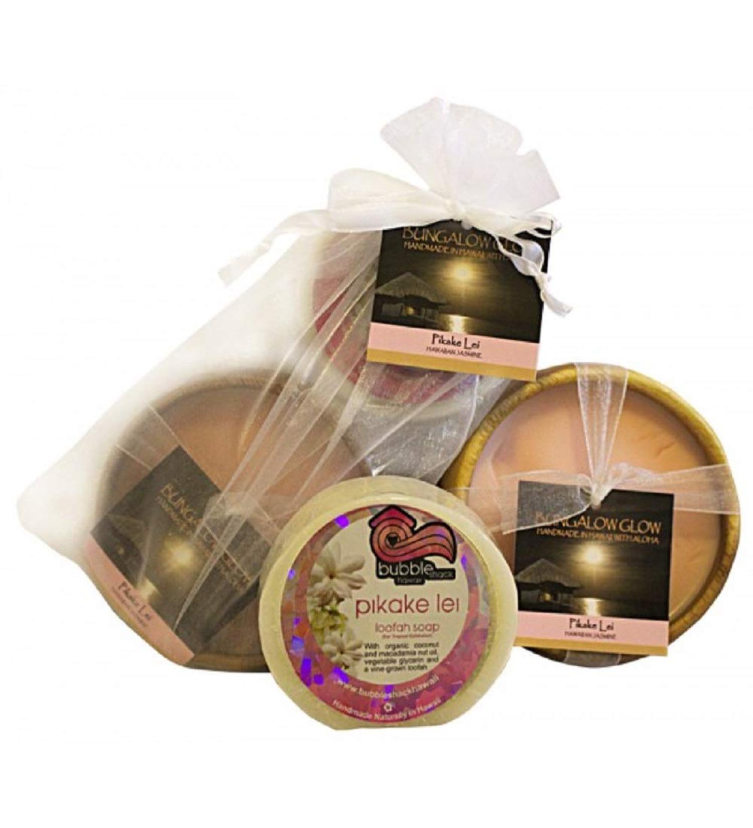 Bubble Shack Bungalow Glow Loofah Soap and Poi Candle Set (Pikake Lei)