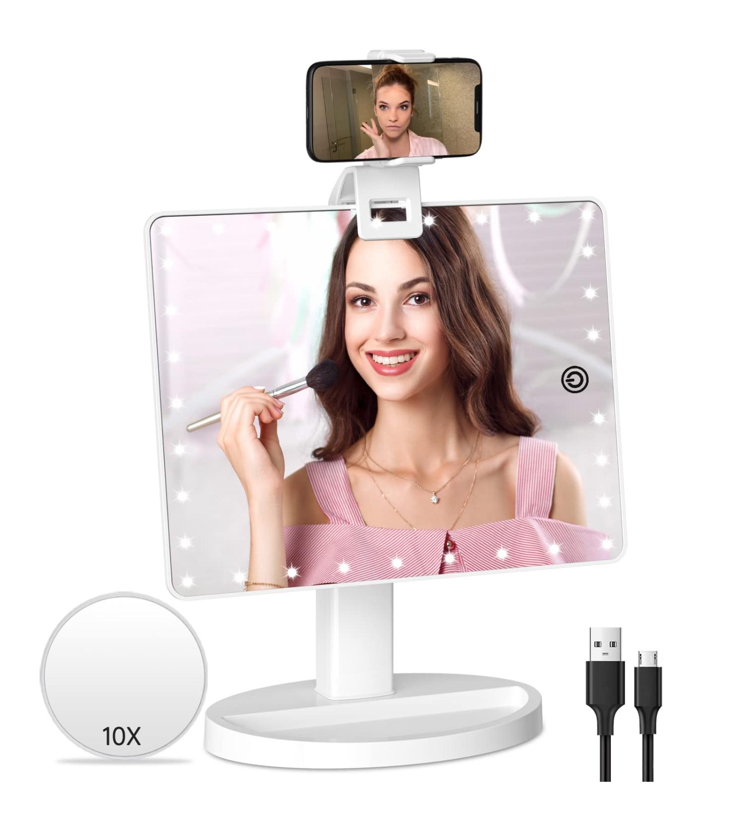 Lighted Makeup Vanity Mirror with Phone Holder and 10X Magnification - Sensor Touch Dimmable Cosmetic Desk Mirror - 360 Rotation - Dual Power Supply - White - Buy Online on GoSupps.com
