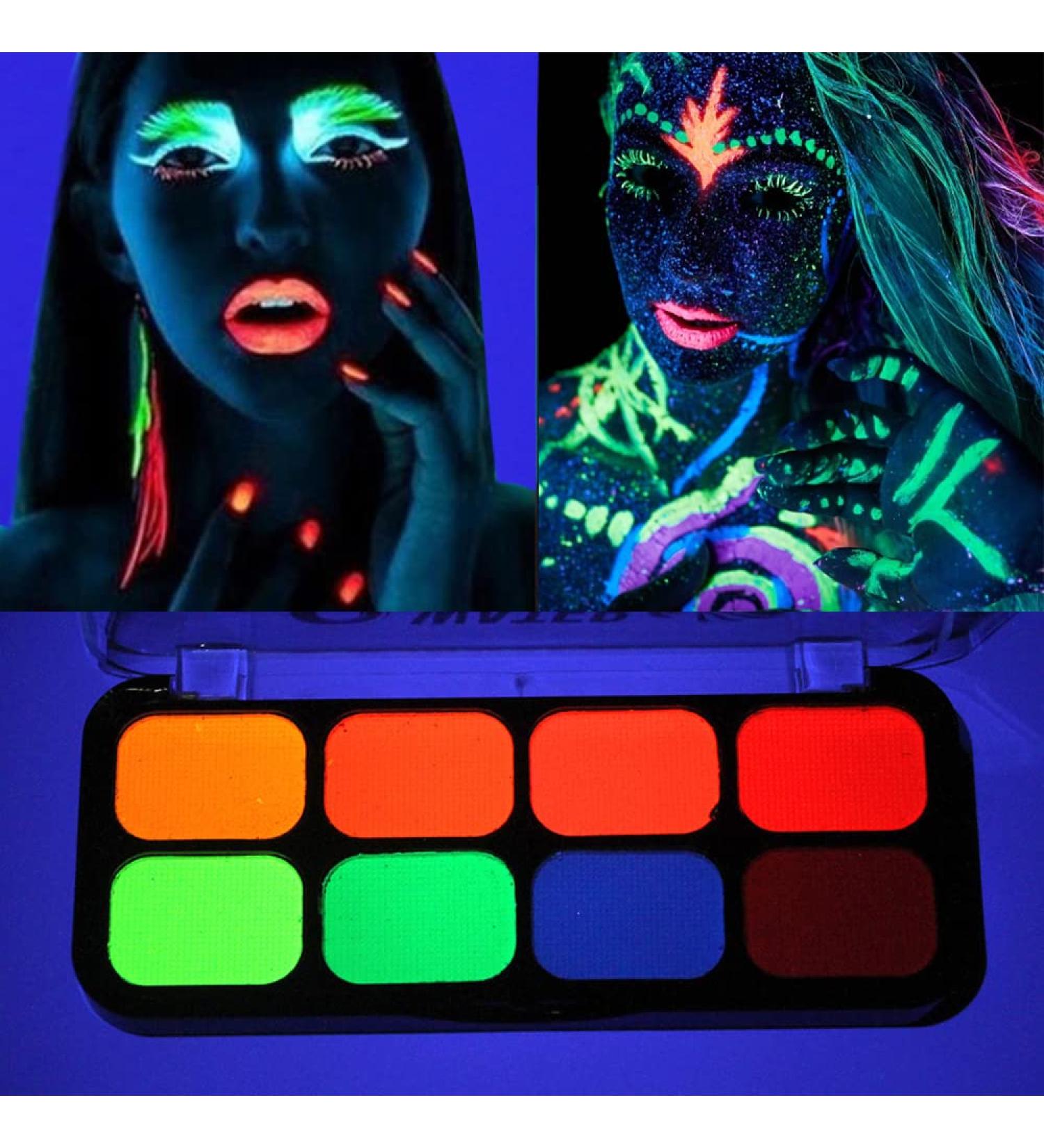 8 Colors Glow In The Dark Face & Body Paint - Neon Fluorescent Makeup for Halloween Parties & Costumes - Water Based UV Blacklight Paint - Buy Online on GoSupps.com