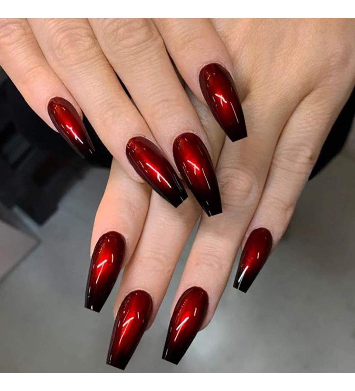Handcess Coffin Glossy False Nails - Long Black and Red Ballerina Press-On Nails Gradient Acrylic Art Full Cover (24PCs) for Women & Girls - Buy Online on GoSupps.com