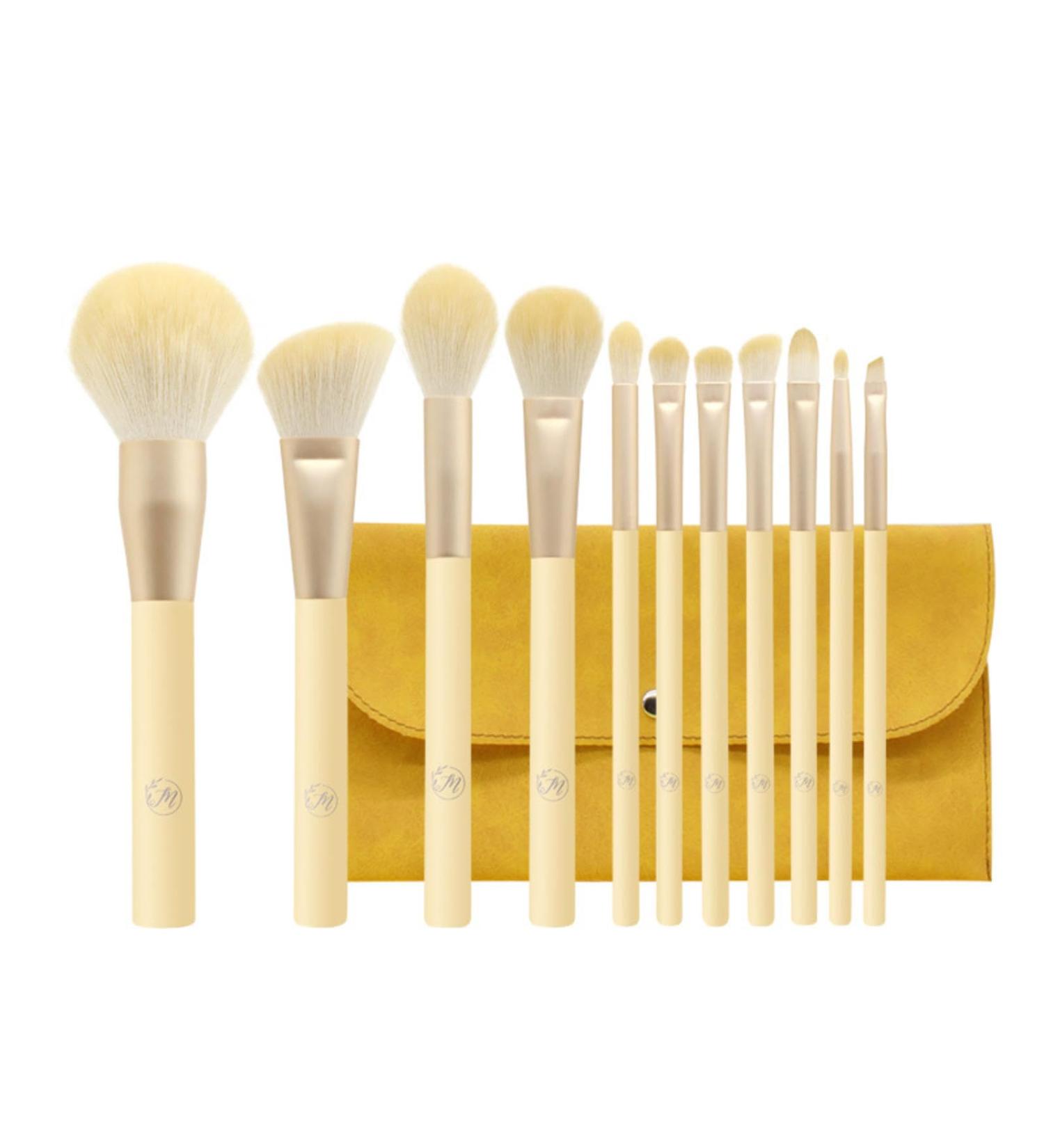 11-Piece Wooden Handle Makeup Brush Set | Little Pudding Beauty Tools with Storage Bag - Yellow - Buy Online on GoSupps.com