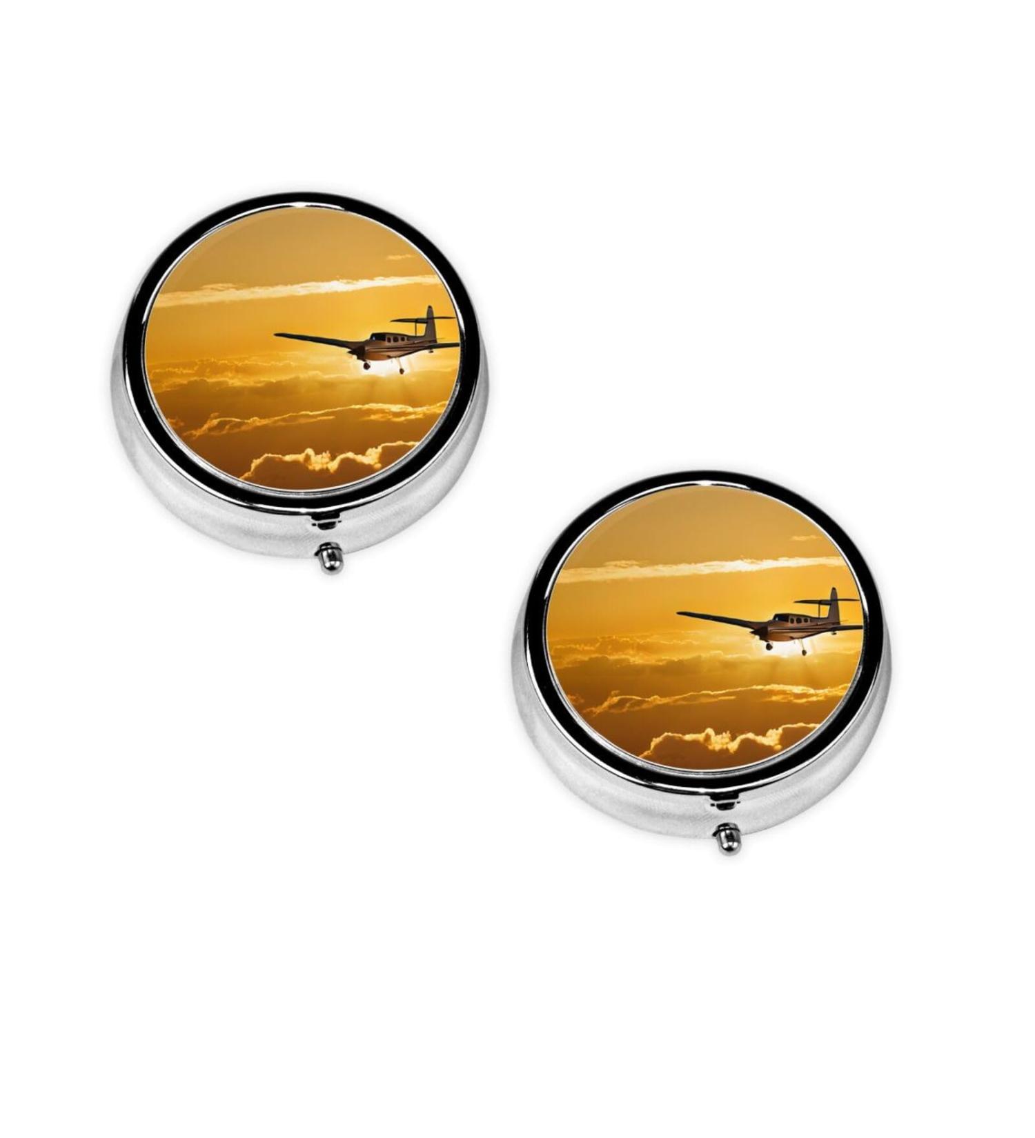 Aircraft Plane At Sunset Round Pill Box 3 Compartment Portable Travel Medicine Organizer | Mini Decorative Vitamin Holder - Buy Online on GoSupps.com
