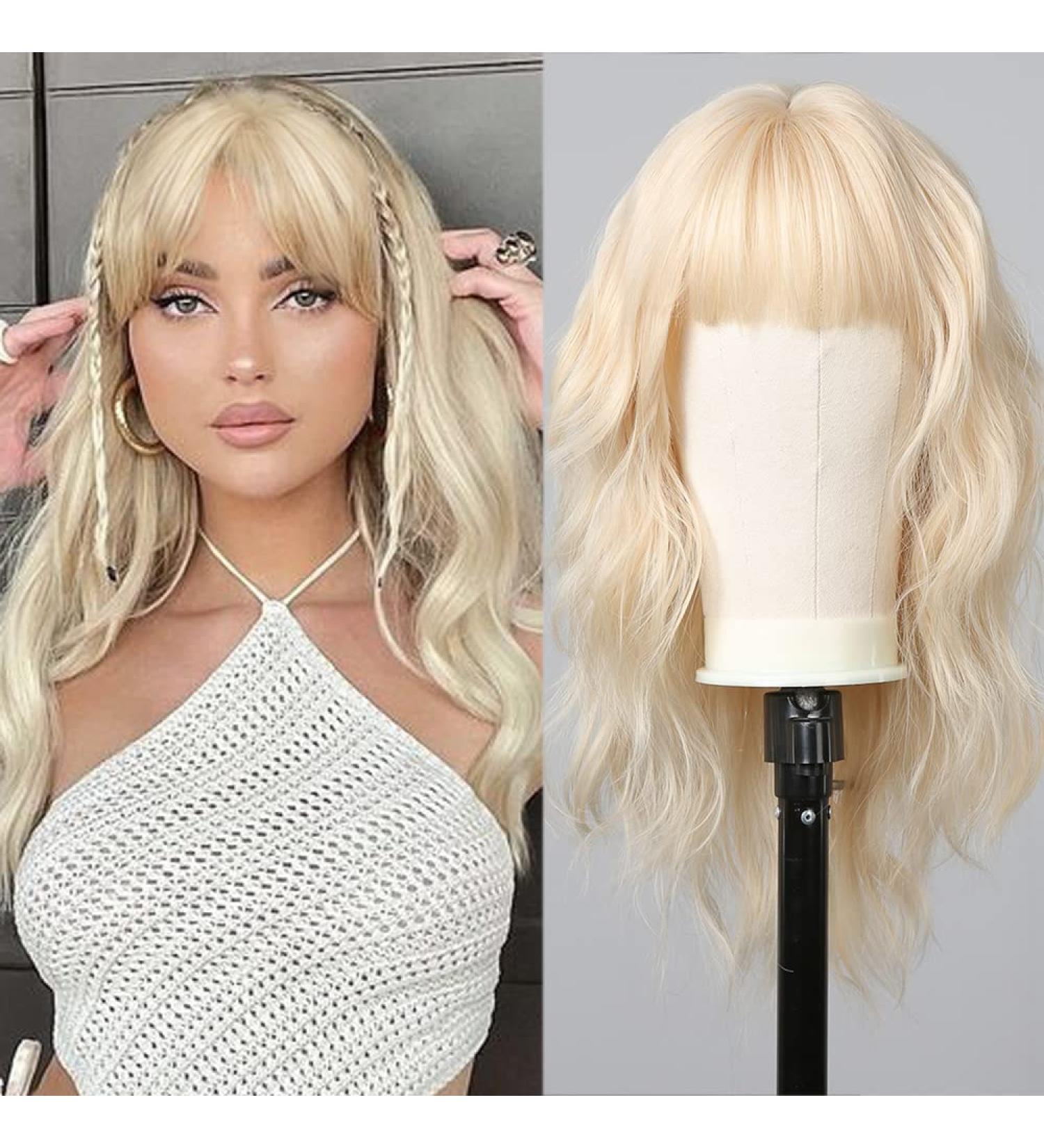 Allbell Long Curly Blonde Wigs with Bangs - Natural Looking Heat-Resistant Water Wavy Synthetic Wigs for Women | International Shipping - Buy Online on GoSupps.com
