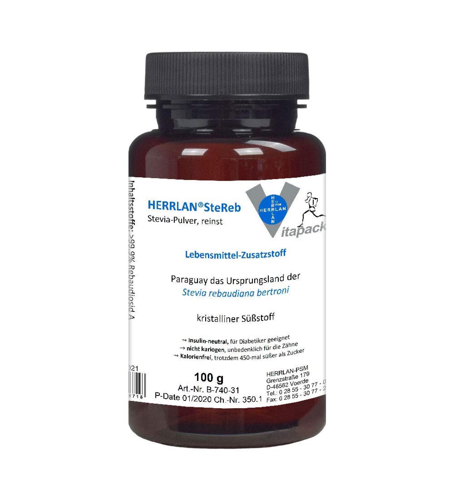 SteReb I Stevia Rebaudioside A 99.9% I Powder 100 g I HERRLAN Quality I Made in Germany