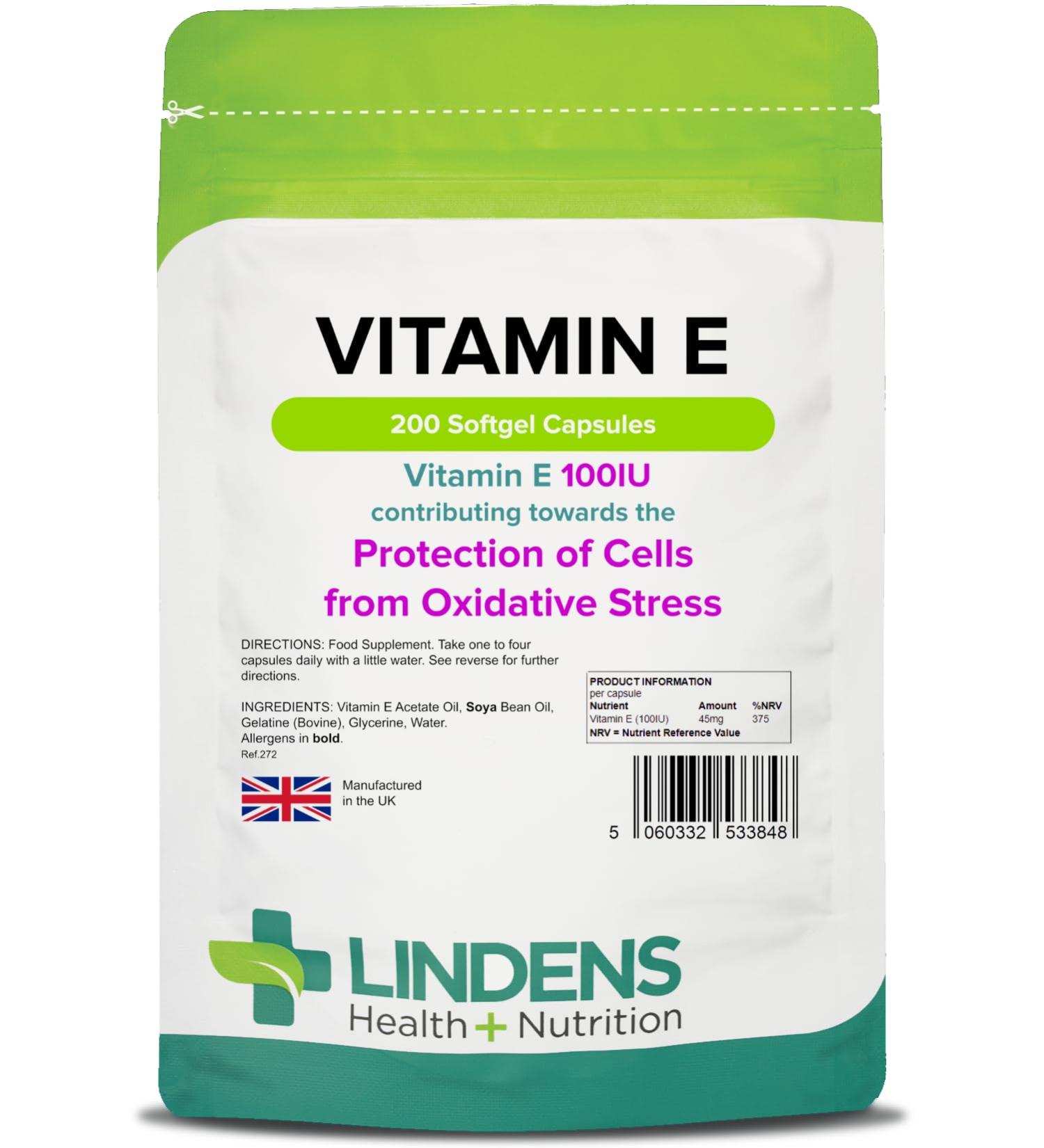 Lindens Vitamin E Oil 100IU - 200 Capsules - UK Made - Skin - Powerful Antioxidant | Protection of Cells from Oxidative Stress | Vitamin E Capsules | Letterbox Friendly - Buy Online on GoSupps.com