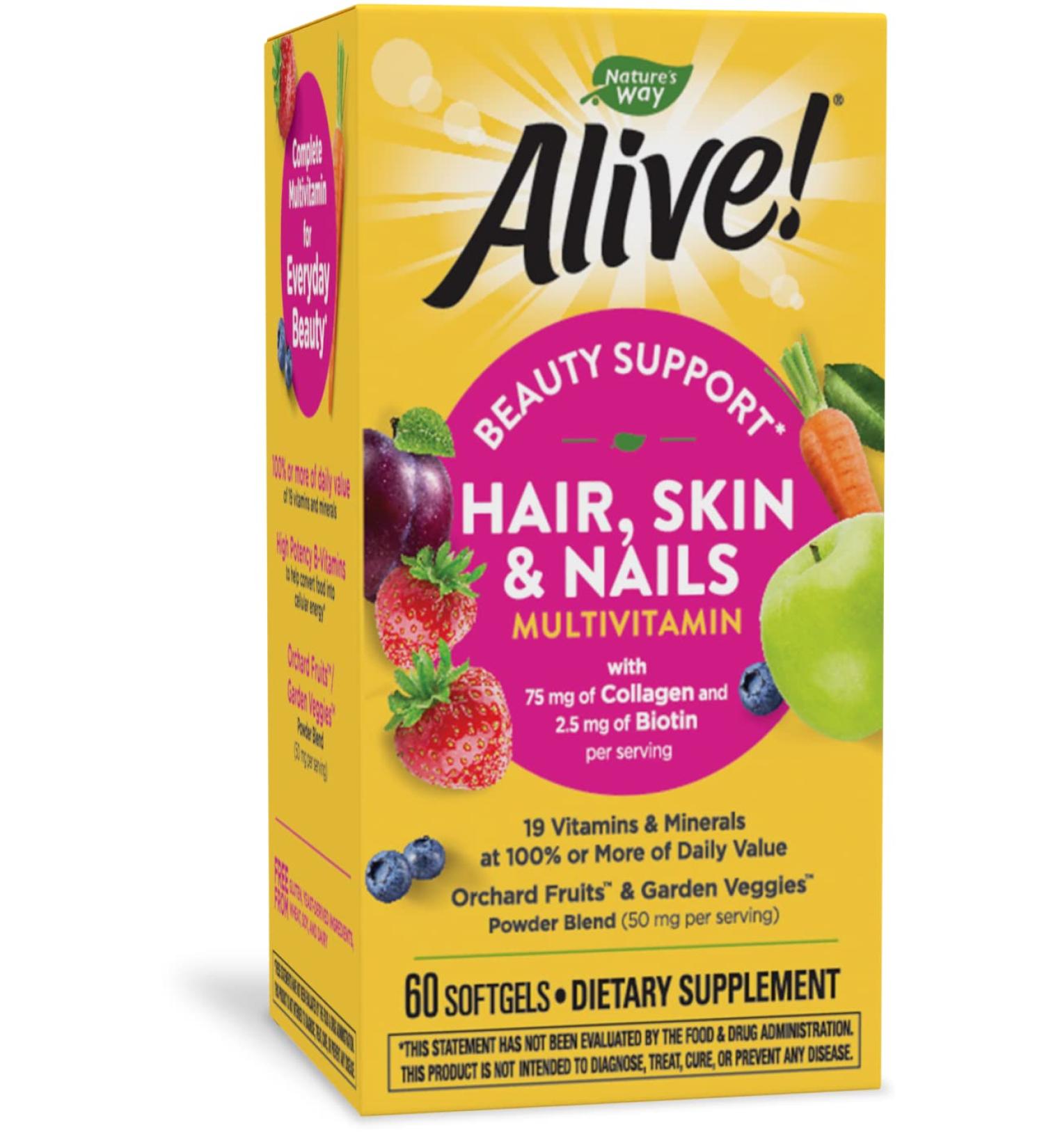 Nature's Way Alive! Hair Skin & Nails Multi-Vitamin Softgels - Strawberry 60 ct - Boost Beauty & Wellness - Buy Online on GoSupps.com