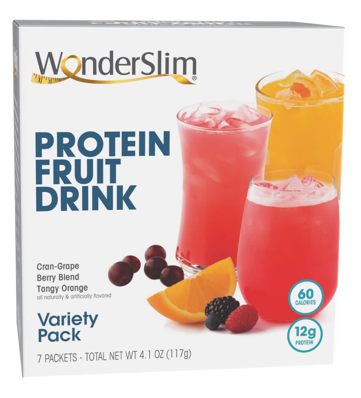 WonderSlim Protein Fruit Drink Variety Pack - 60 Calories, 12g Protein (7ct) - 1 Box - Buy Online on GoSupps.com
