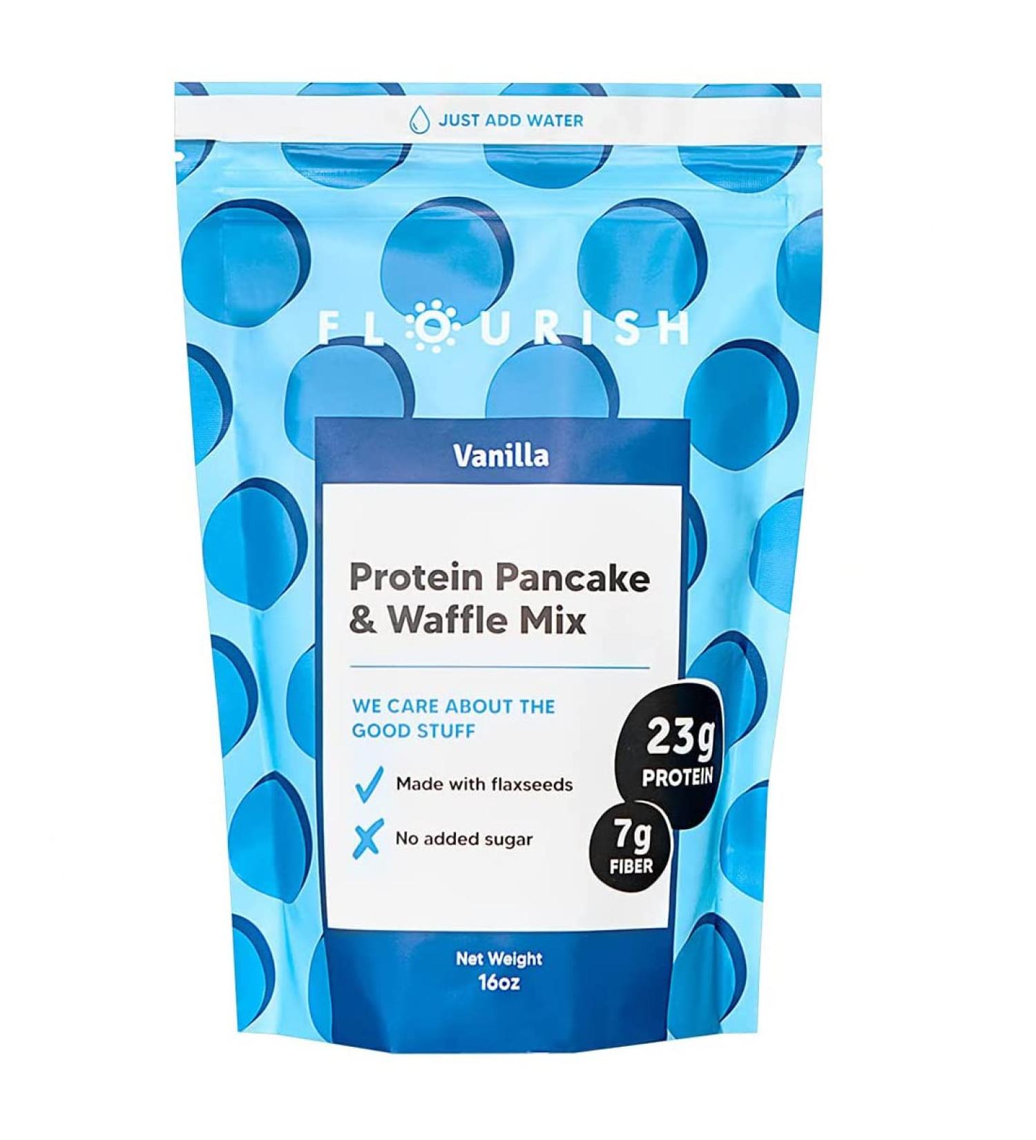 Flourish Protein Pancake & Waffle Mix - Non-GMO Low Sugar High Protein & Fiber Just Add Water - Vanilla 16oz - Buy Online on GoSupps.com