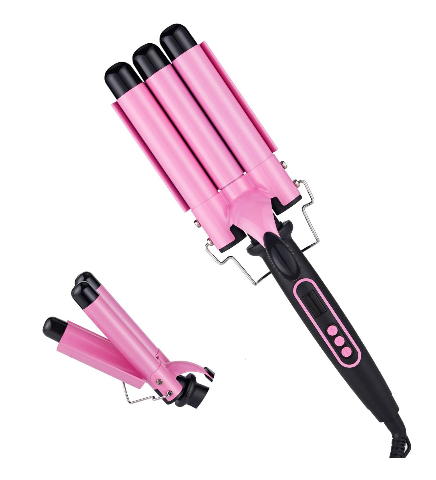 3 Barrel Hair Curling Iron with LCD Display - Dual Voltage & Adjustable Temperature - Portable & Pink - Buy Online on GoSupps.com