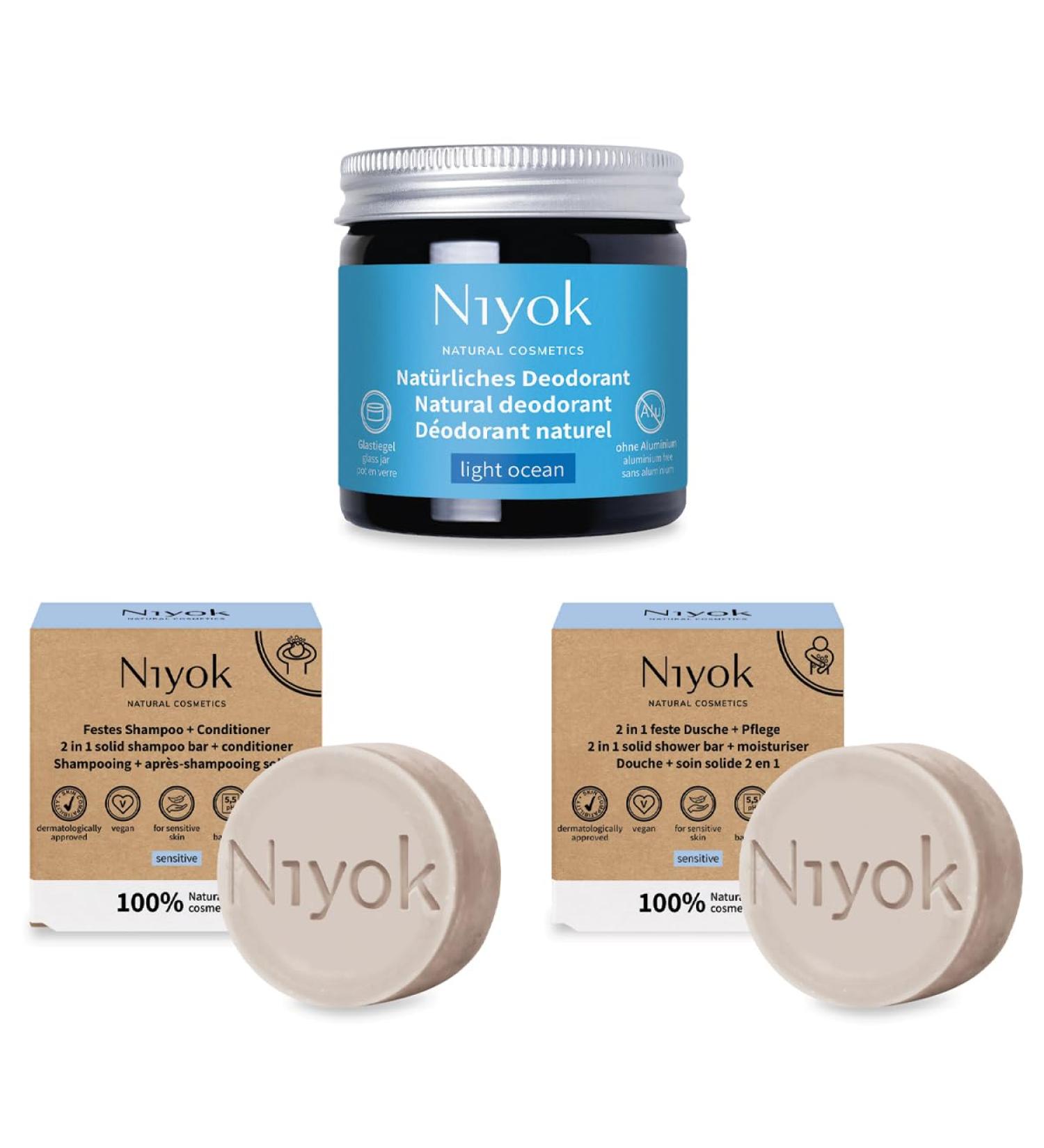 Natural Cosmetics 3-Pack Natural Deodorant Light Ocean 40ml Sensitive Shower Bar 80g and Sensitive Shampoo Bar 80g - Buy Online on GoSupps.com