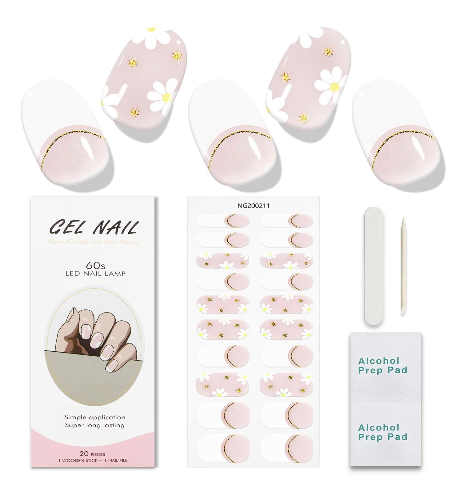 JMEOWIO Gel Nail Stickers Cream Pink White Flower French Tip Semi Cured Gel Nail Strips Wraps UV/LED Nail Supplies Nail Art Design Decoration Accessories - Buy Online on GoSupps.com