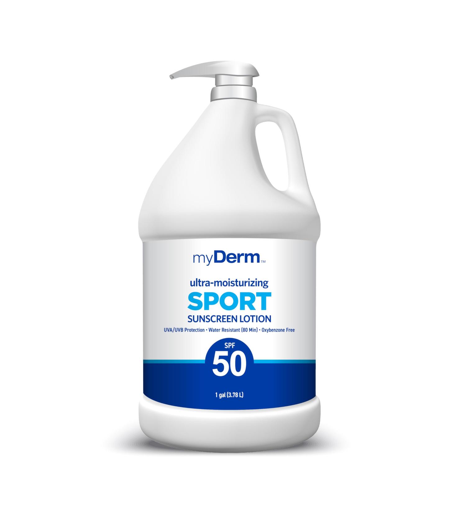 MyDerm Ultra-moisturizing SPF 50 Sport Sunscreen Lotion Free from Octisalate Oxybenzone Octinoxate and Parabens Hawaii 104 Reef Act Compliant 128 oz (1 Gallon) Broad Spectrum UVA/UVB Protection - Buy Online on GoSupps.com