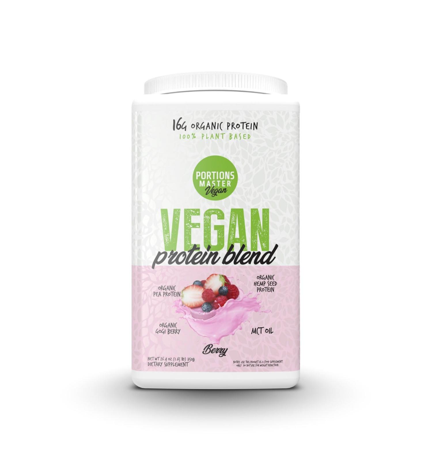 Portions Master Vegan Protein Blend, Complete Plant Based Protein Powder with Pea Hemp Seed Goji Blend Medium Chain Triglycerides (750g, Berry) Berry 1.65 Pound (Pack of 1) - Buy Online on GoSupps.com