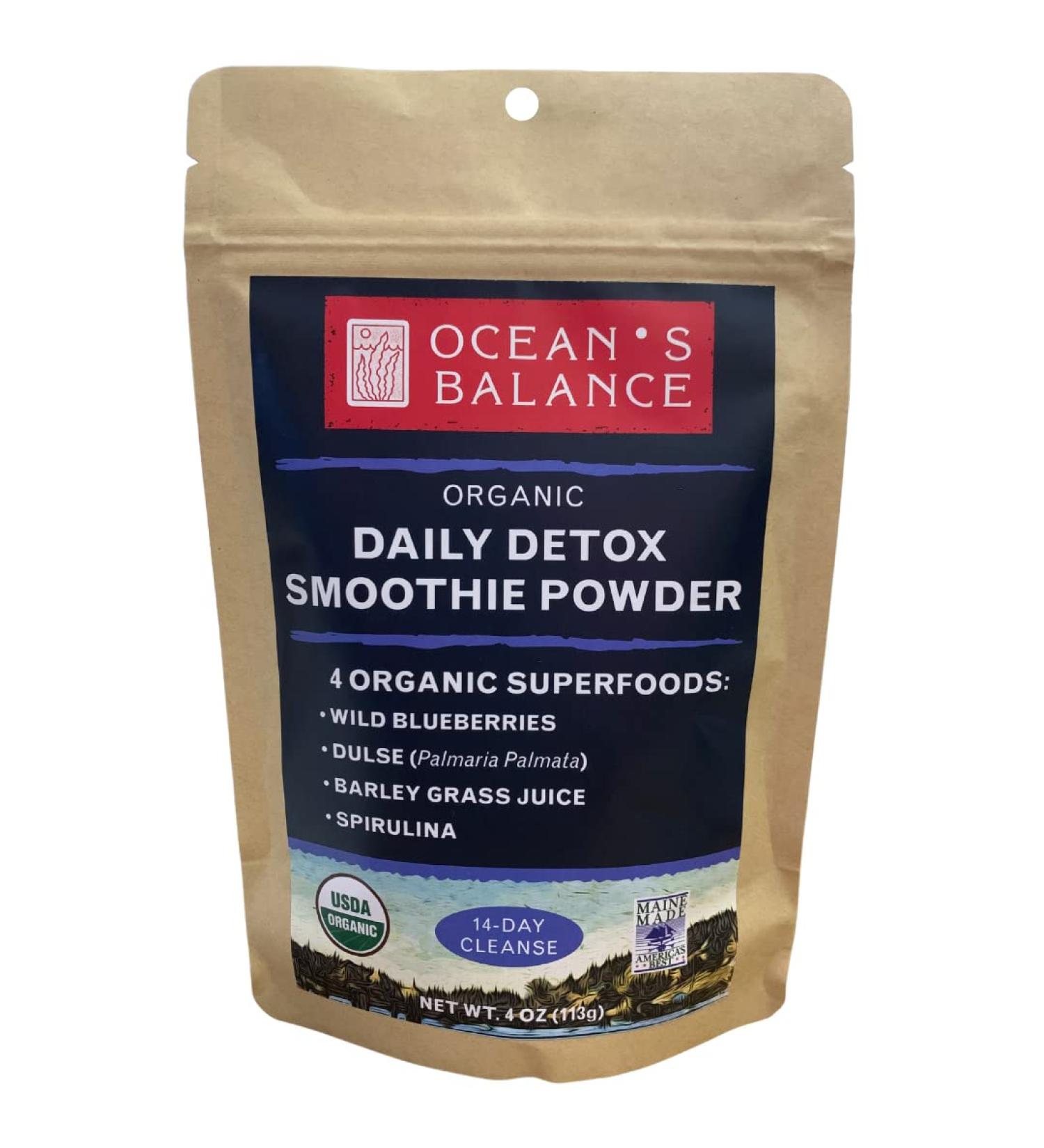 Ocean's Balance Detox Smoothie Powder - Organic Blueberry, Spirulina, Dulse Seaweed & Barley Grass Juice - 14-Day Cleanse - 4 oz - Buy Online on GoSupps.com