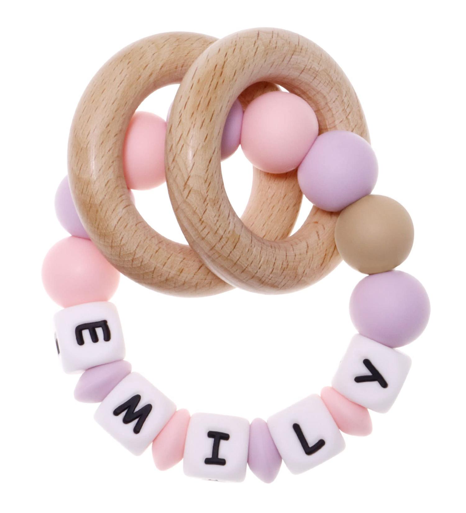 Personalized Name Baby Rattle Teether Ring | Customizable Silicone Chew Bracelet | Natural Organic Beech Wood Teething Rings | Baby Boys and Girls Teether Toys | Light Pink/Light Purple - Buy Online on GoSupps.com