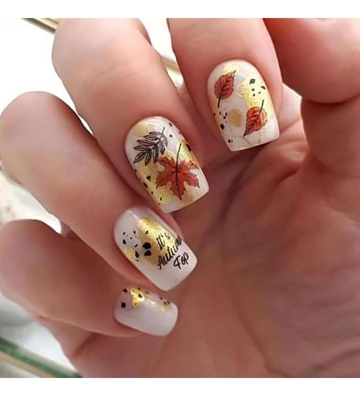 24Pcs Fall Press on Nails - Short Maple Leaf & Letter Designs | Glossy Medium Square Fake Nails for Women & Girls | Perfect for Thanksgiving Decorations - Buy Online on GoSupps.com