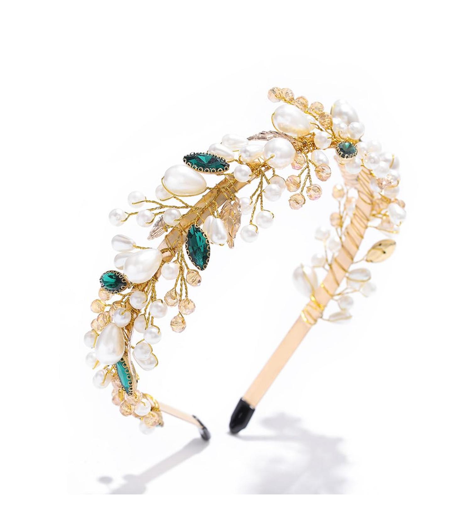 IYOU Pearl Wedding Headband Gold Crystal Bride Hair Bands Crown Rhinestone Prom Bridal Hair Accessories for Women - Buy Online on GoSupps.com