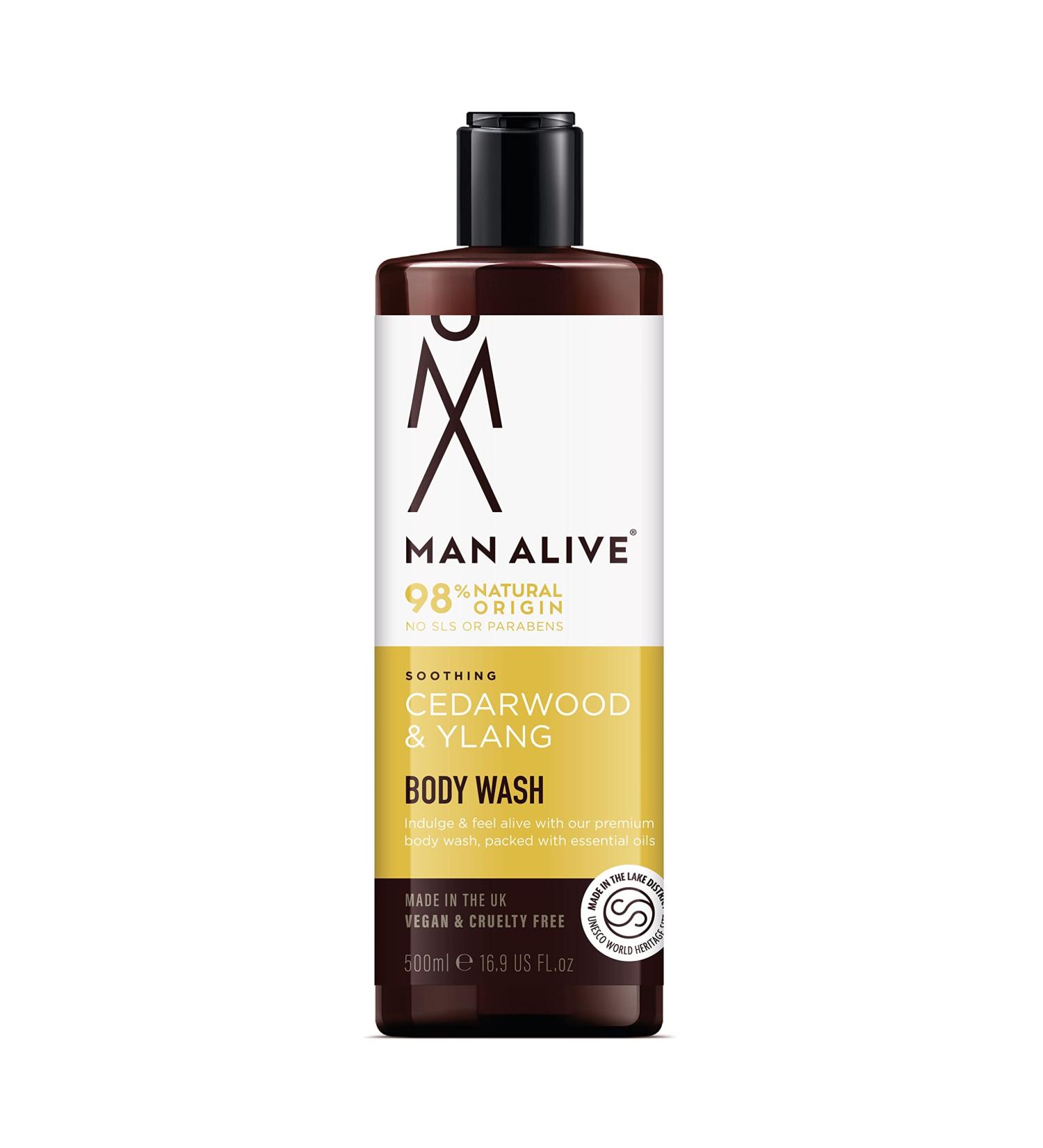 MAN ALIVE Cedarwood & Ylang Shower Gel for Men 500ml - Vegan Formula - Ideal Men's Grooming Gift - SLS Free - Pack of 1 - Buy Online on GoSupps.com
