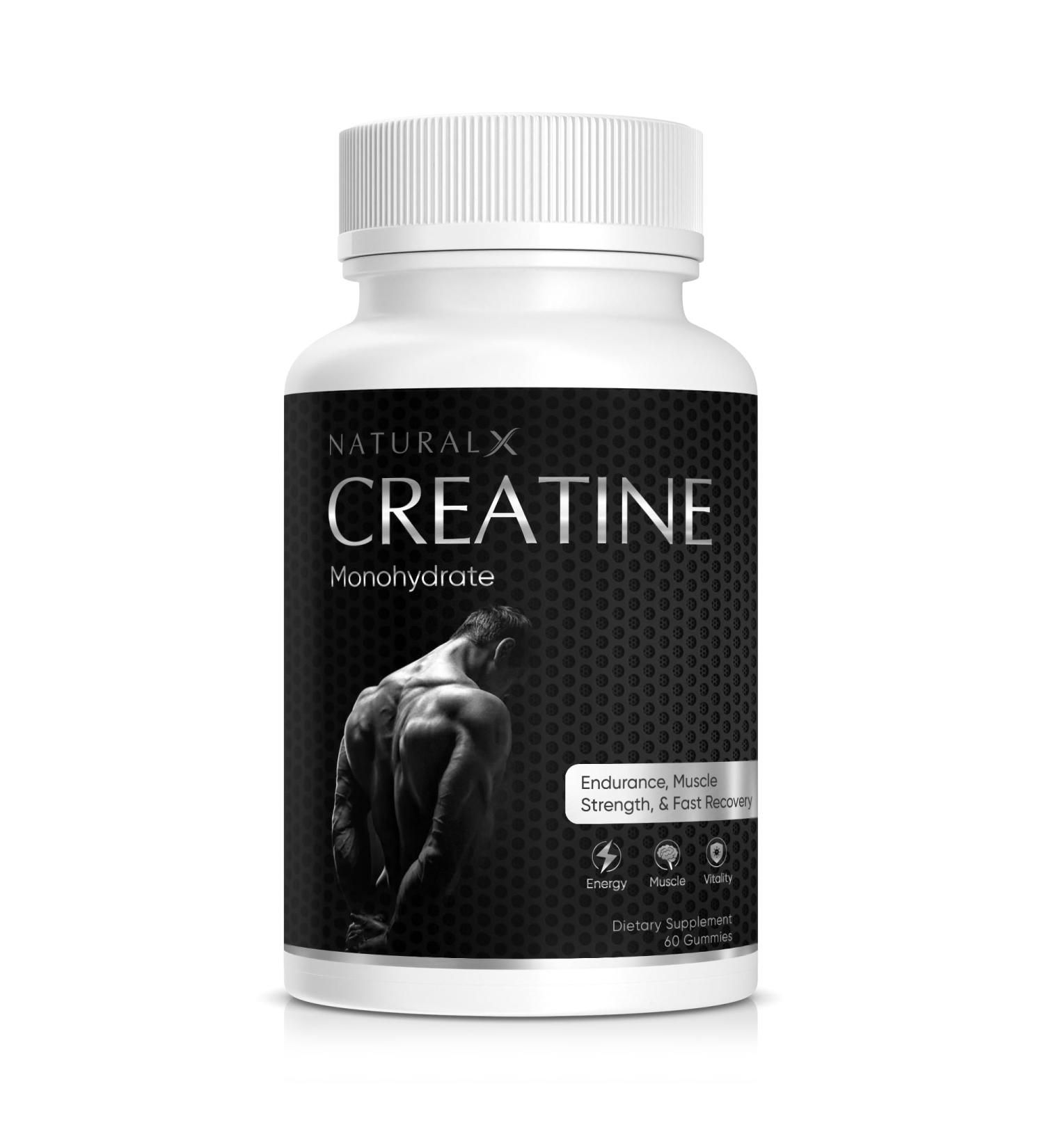 Natural X Creatine Monohydrate Gummies - 2.5g Creatine per Serving Non-GMO Gluten-Free Low Sugar Low Calorie Convenient Supplement (60 Gummies per Bottle)