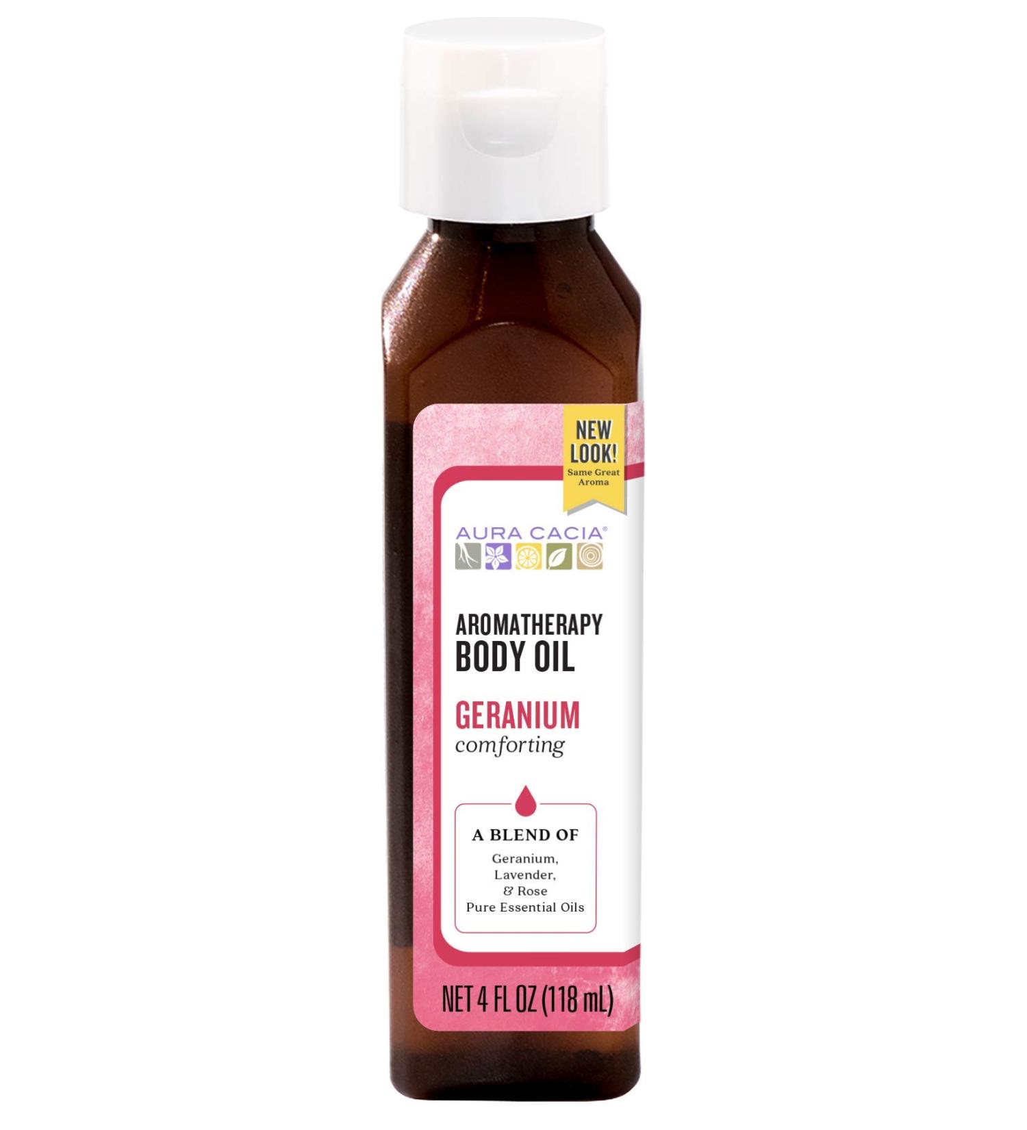 Aura Cacia Body Oil - Comforting Geranium 4 oz | All-Natural Moisturizer for Skin Care & Relaxation - Buy Online on GoSupps.com