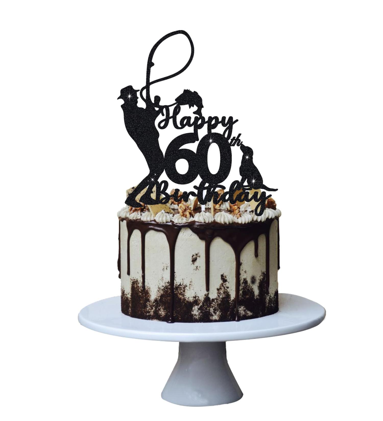 Fishing 60th Birthday Cake Topper for Man Fisherman Theme Party Decoration Funny 60 Year Fabulous Happy Birthday Party Handmade - Black Glitter - Buy Online on GoSupps.com