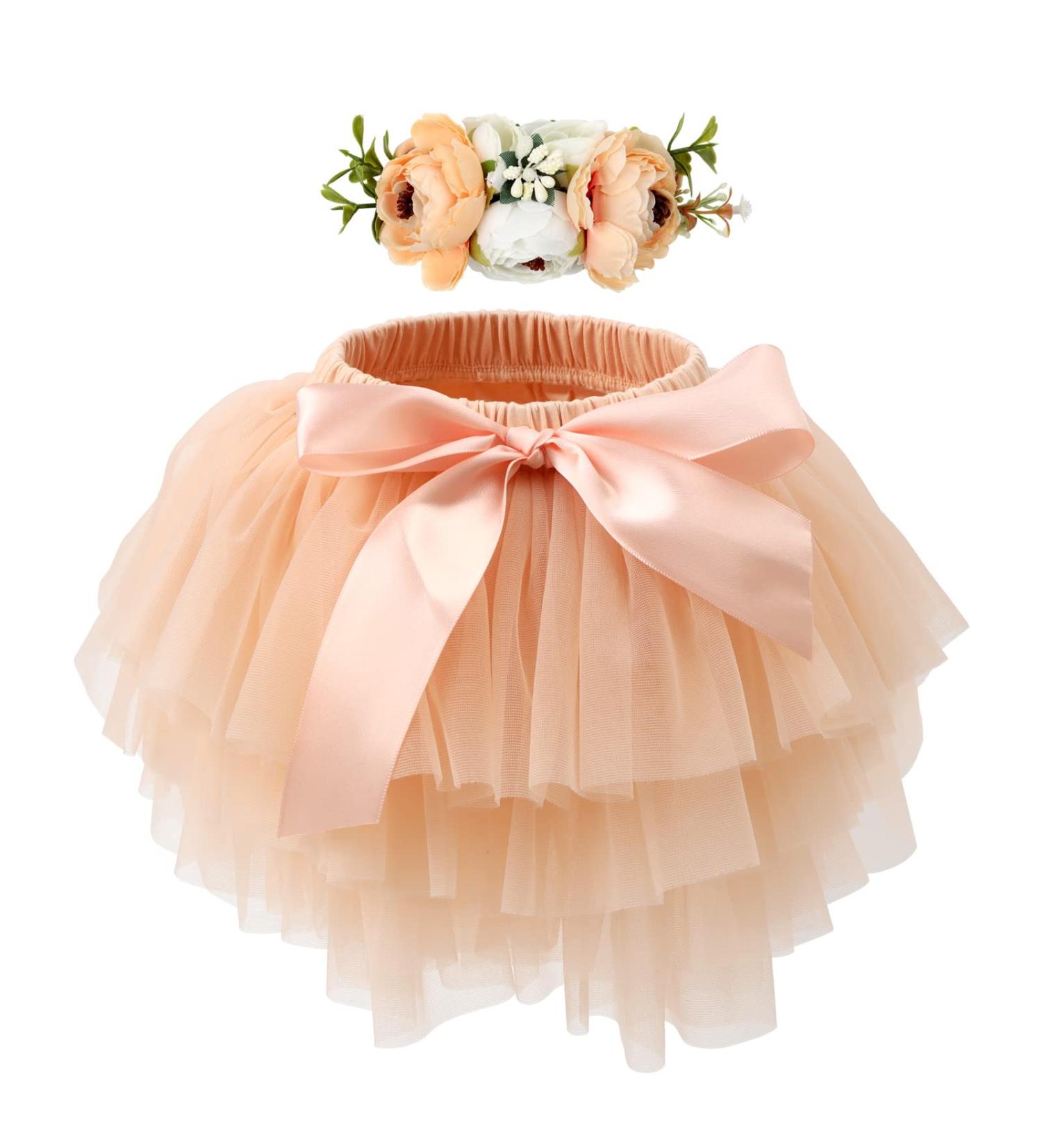 Hoolchean Baby Girls Soft Tutu Skirt and Flower Headband Set with Diaper Cover - 1-2 Years (Peach) - Buy Online on GoSupps.com